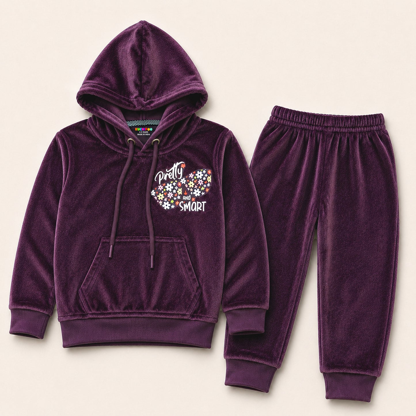 Kuchipoo Girls Velvet Hooded Top with Front Pocket and Pajama Set| Full Sleeve Winter Set | Warm & Soft Winterwear for Girls