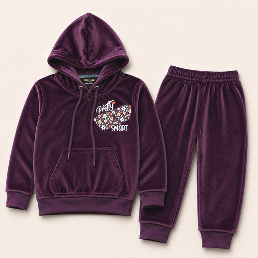 Kuchipoo Girls Velvet Hooded Top with Front Pocket and Pajama Set| Full Sleeve Winter Set | Warm & Soft Winterwear for Girls