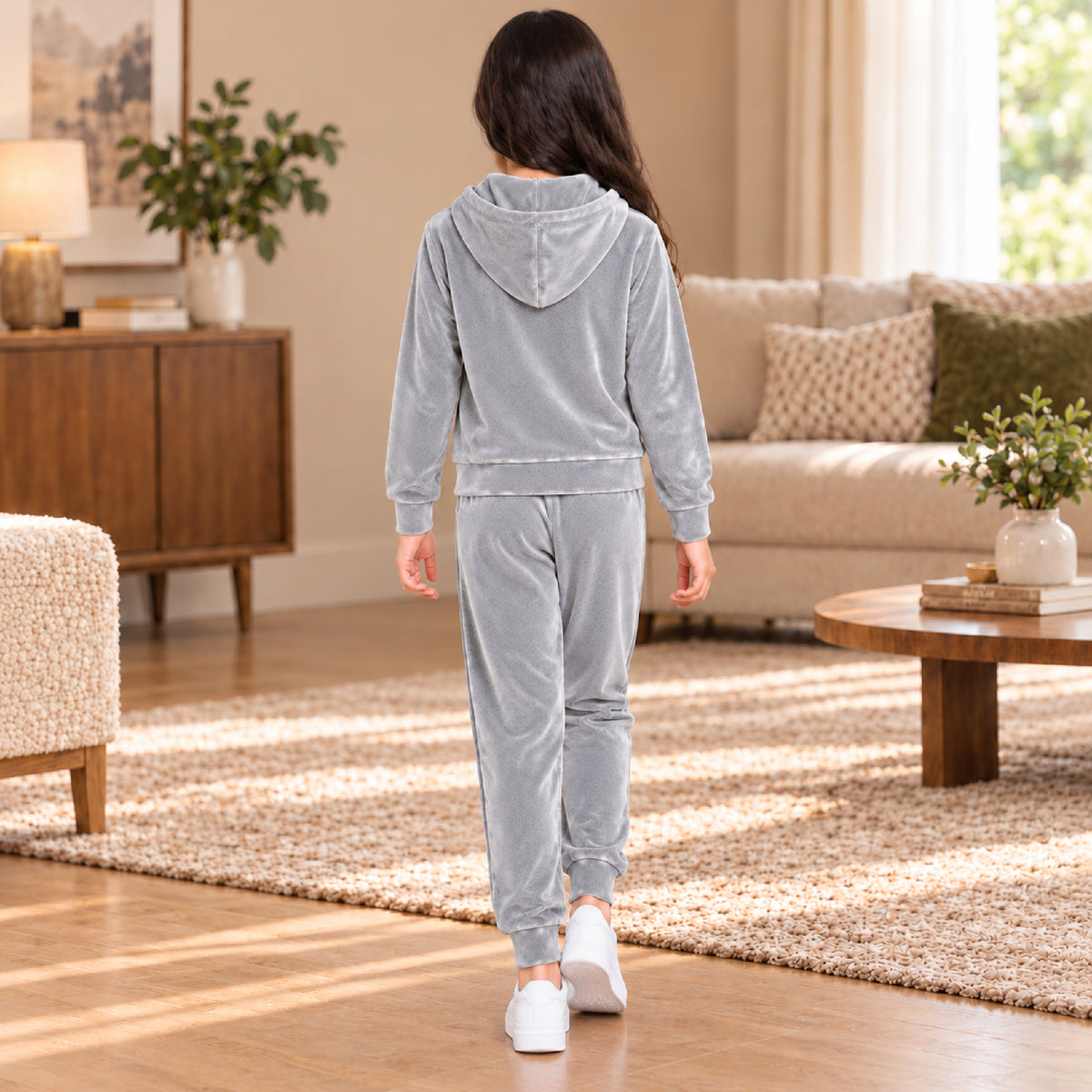 Kuchipoo Girls Velvet Zipper Hooded Sweatshirt & Jogger Set | Soft Velour Zip-Up Hoodie with Kangaroo Pockets & Pajama | Warm Full Sleeve Winterwear