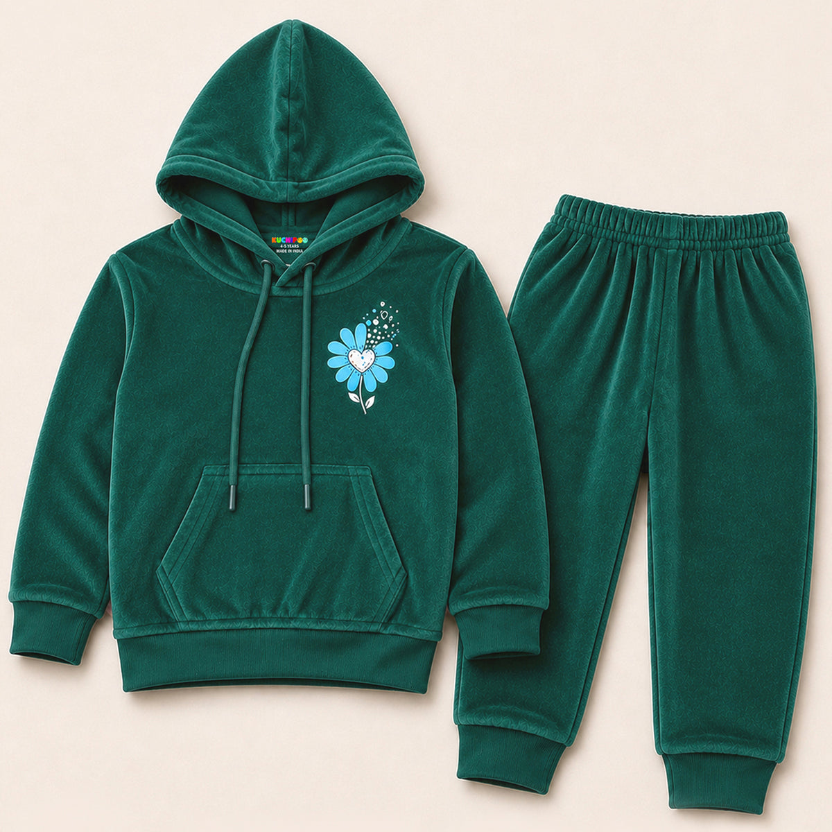 Kuchipoo Girls Velvet Hooded Sweatshirt & Jogger Set | Soft Velour Hoodie with Kangaroo Pocket & Pajama | Warm Full Sleeve Winterwear