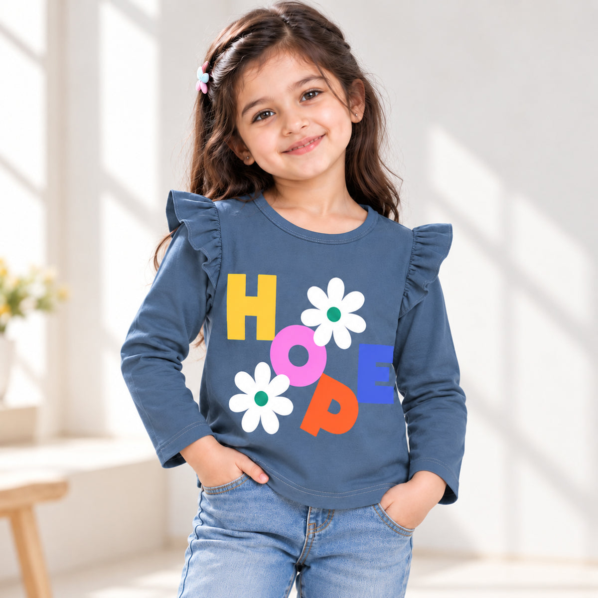 Kuchipoo Girls Cotton Printed T-Shirts | Full Sleeves with Frill Shoulders | Soft & Comfortable Casual Wear for Kids | Pack of 4