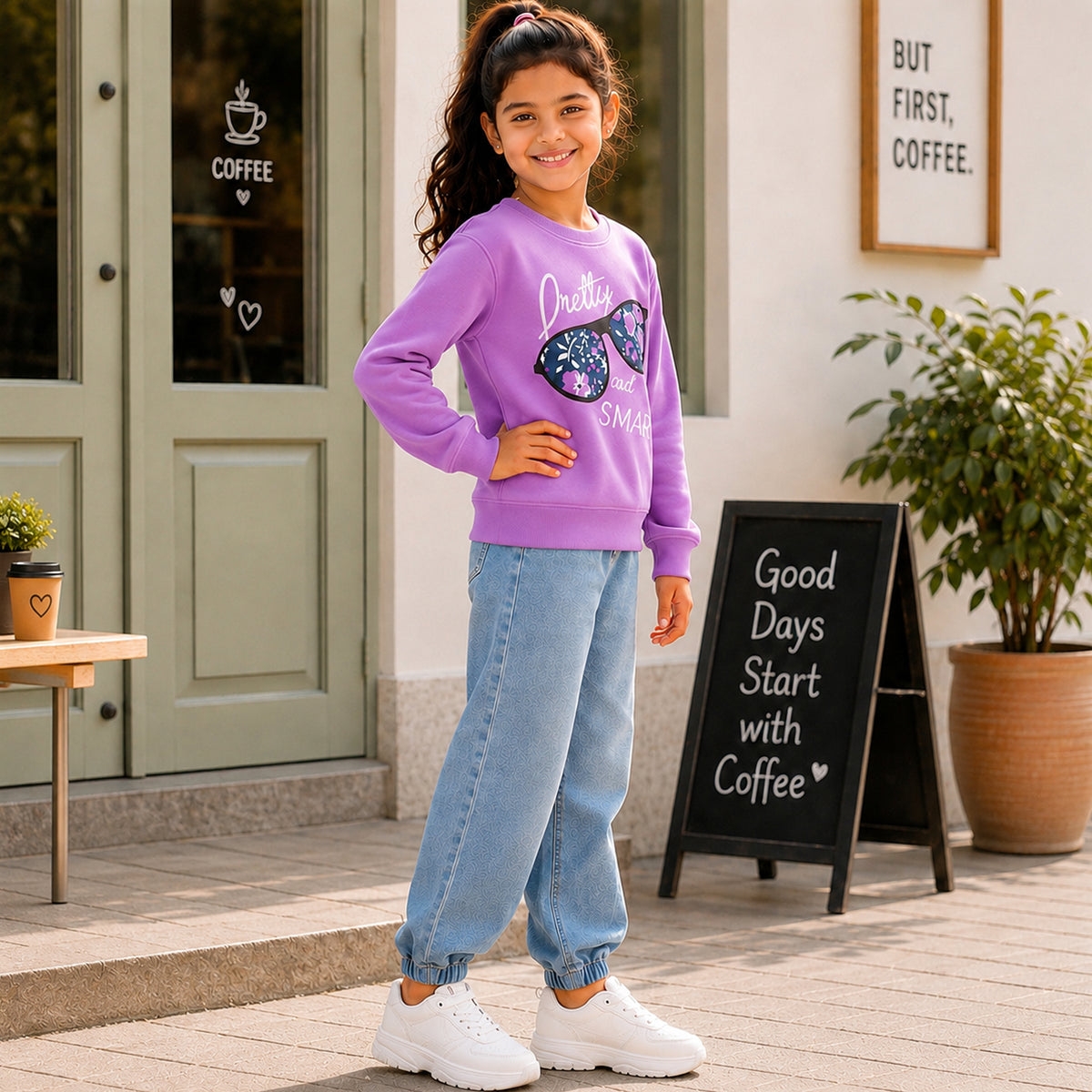 Kuchipoo Girls Regular Fit Graphic Printed Full Sleeve Round Neck Winterwear