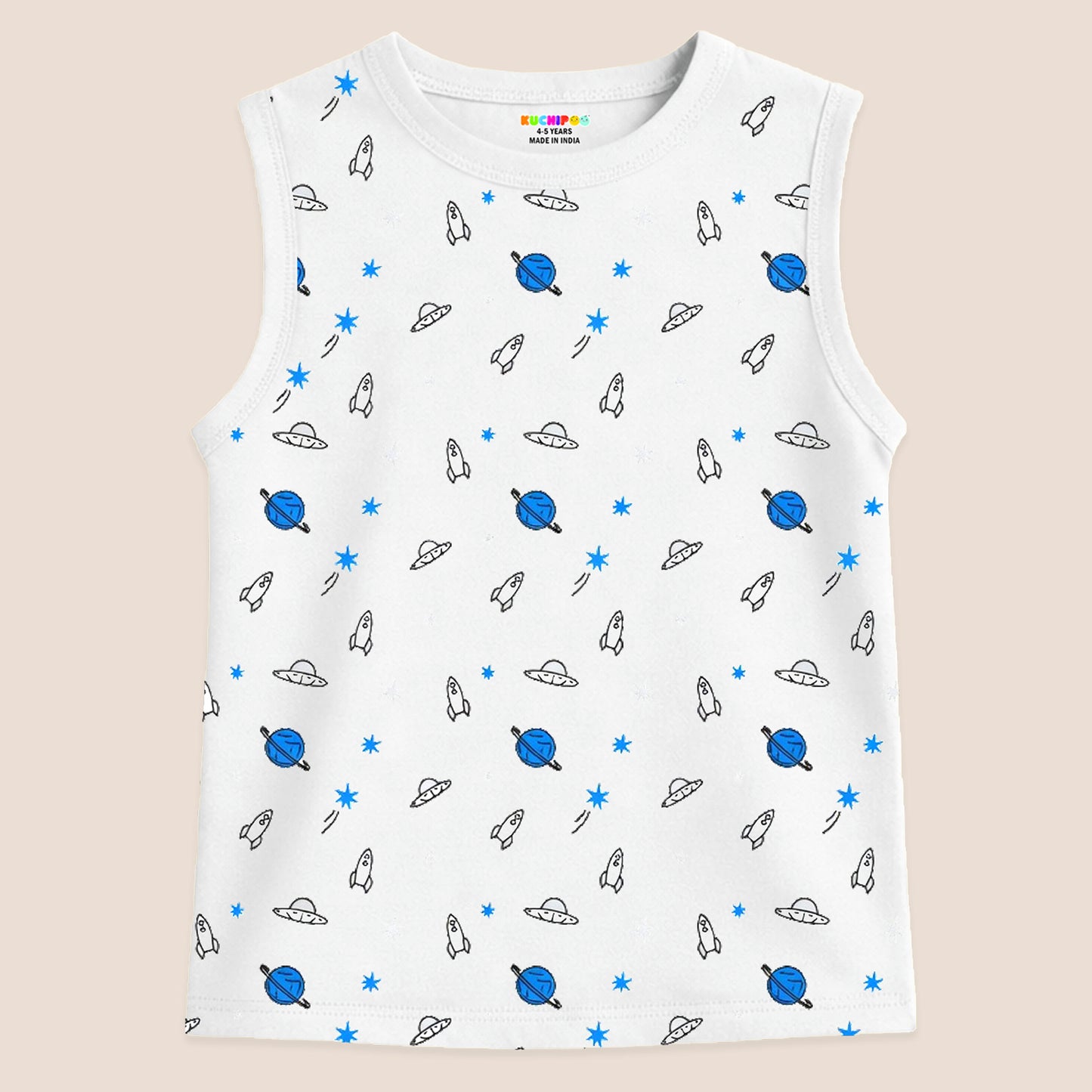 Kuchipoo Boys Sleeveless 100% Cotton T-Shirt | Cute Graphic Print | Soft & Breathable Fabric | Round Neck Summer Top | Casual for Baby Boys and Baby Girls | Pack of 5