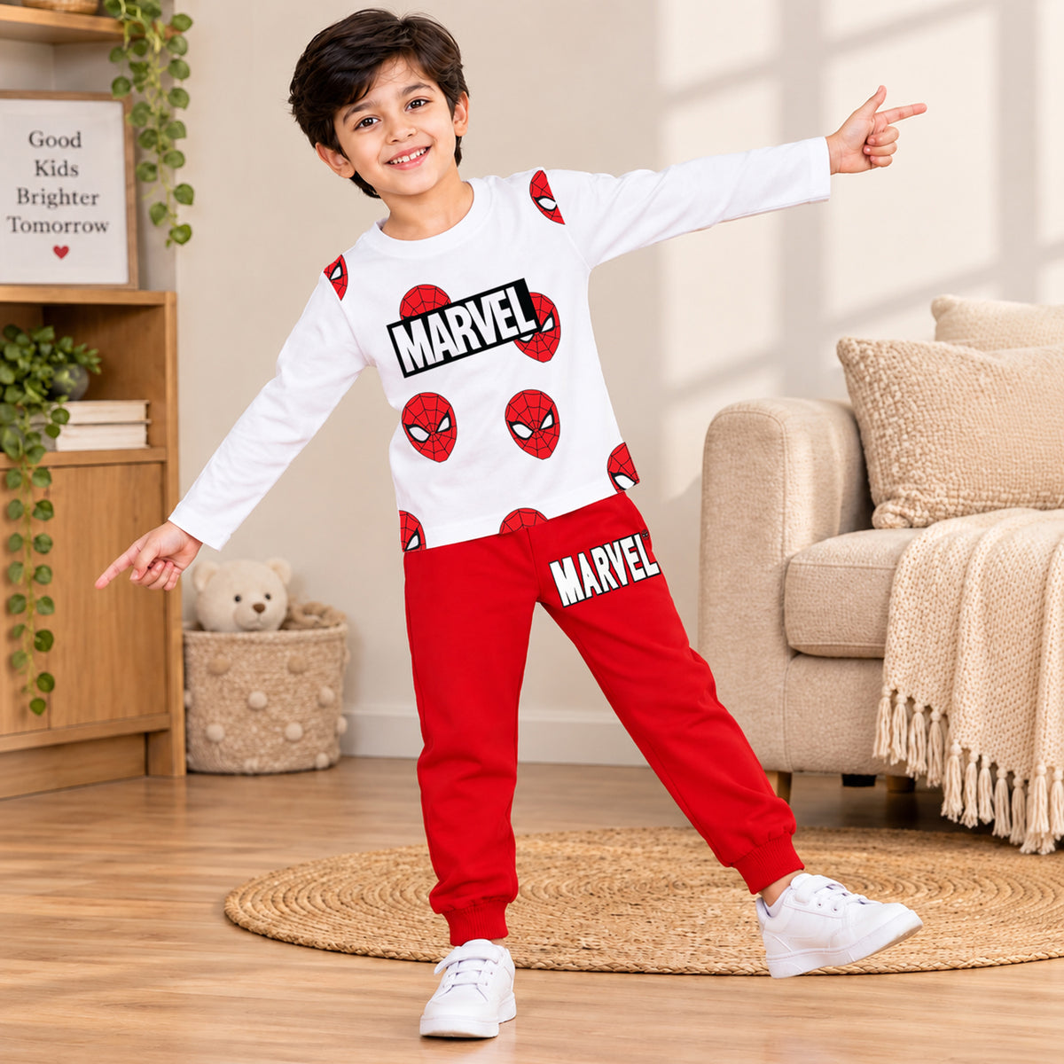 Kuchipoo © Marvel Boys Spiderman Printed Cotton T-Shirt & Pyjama Set | Full Sleeve Casual Wear | Pack of 3 Sets