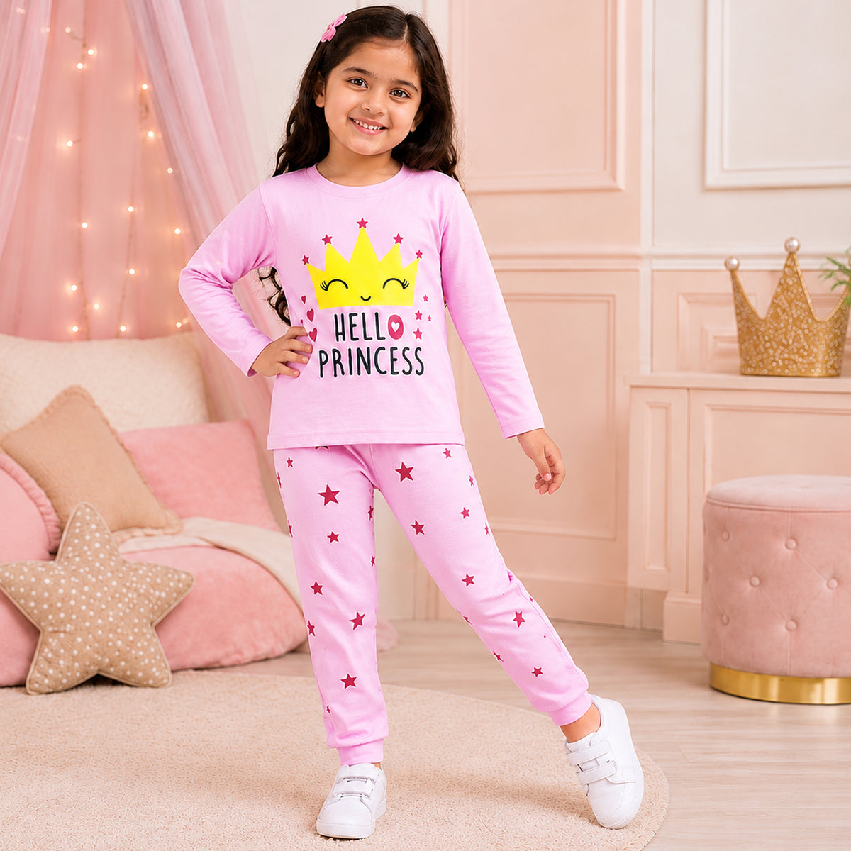 Kuchipoo Girls Regular Fit Cotton T-Shirts and Pyjamas Clothing Set-Pack of 2