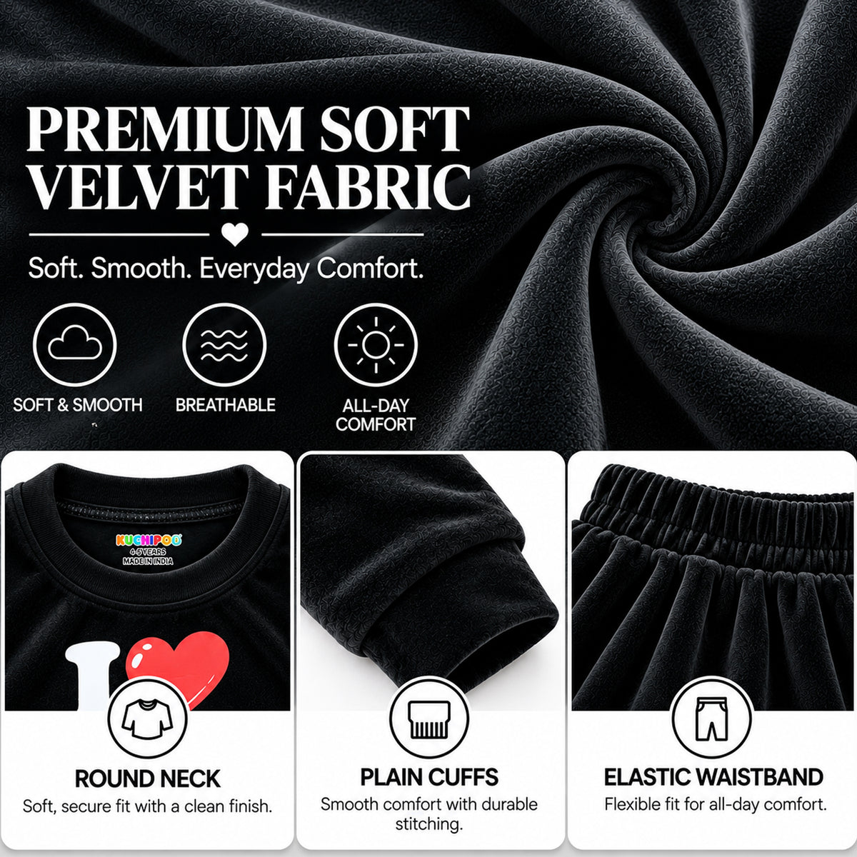 Kuchipoo Girls Velvet Top & Pajama Set | Soft Velour Round Neck Full Sleeve Top & Pajama | Warm Winterwear