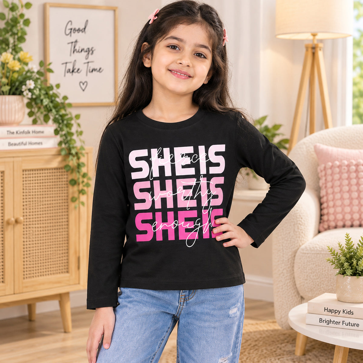 Kuchipoo Girls Cotton Printed T-Shirts | Full Sleeve Round Neck | Soft & Comfortable Casual Wear for Kids | Pack of 5