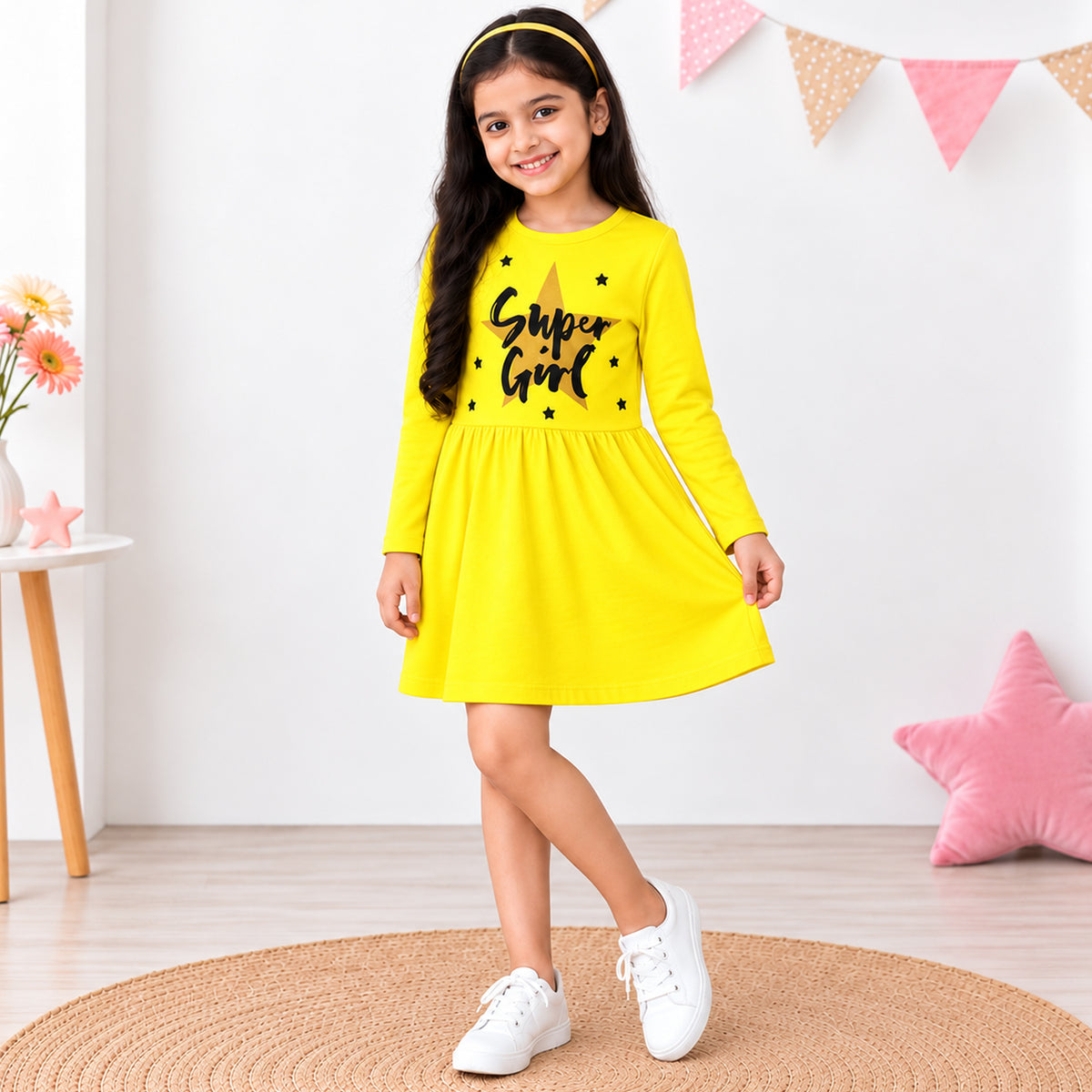 Kuchipoo Girls Cotton Printed Dresses Pack of 3 | Full Sleeve Round Neck Casual Frocks | Soft & Comfortable Everyday Wear for Kids