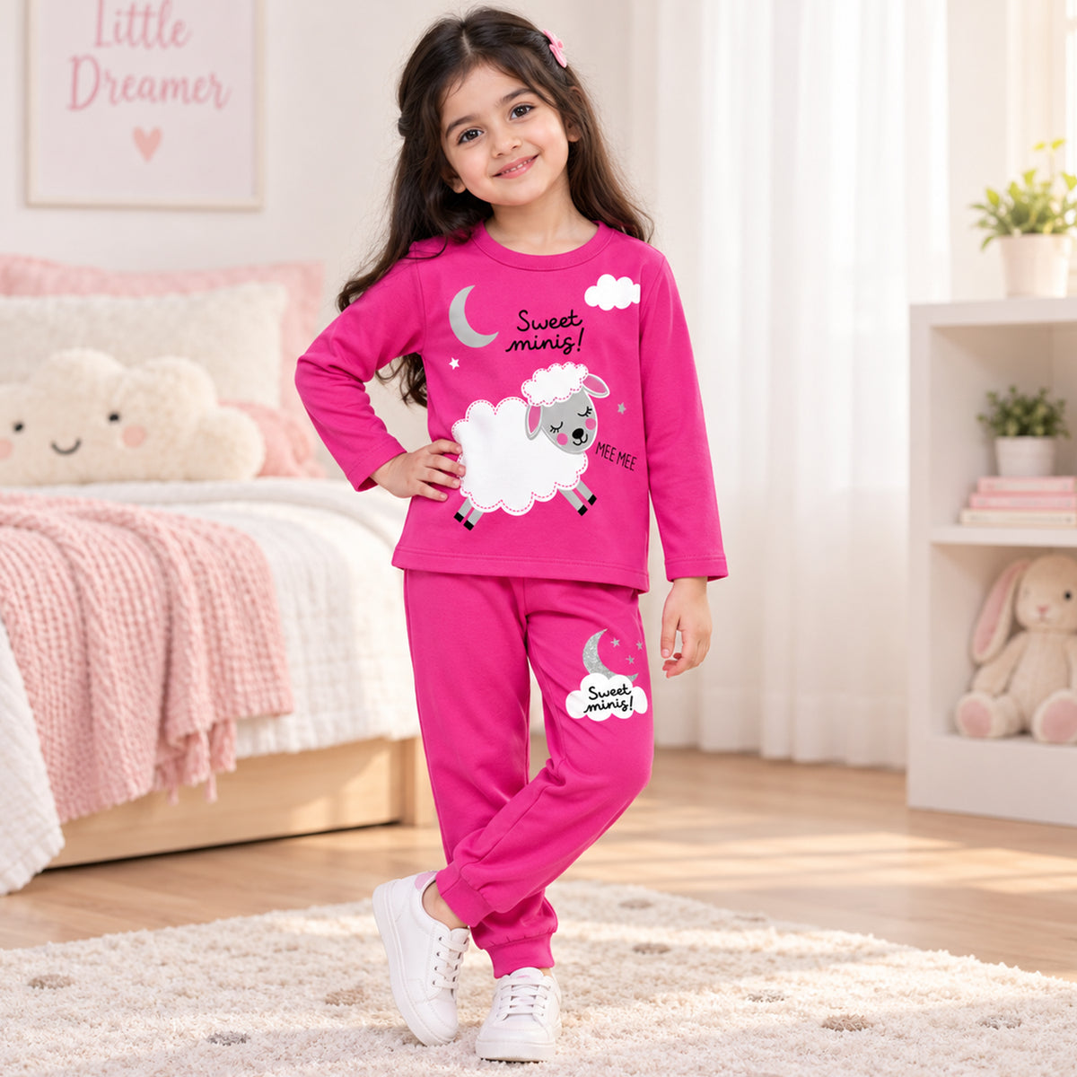 Kuchipoo Girls Regular Fit Cotton T-Shirts and Pyjamas Clothing Set-Pack of 2