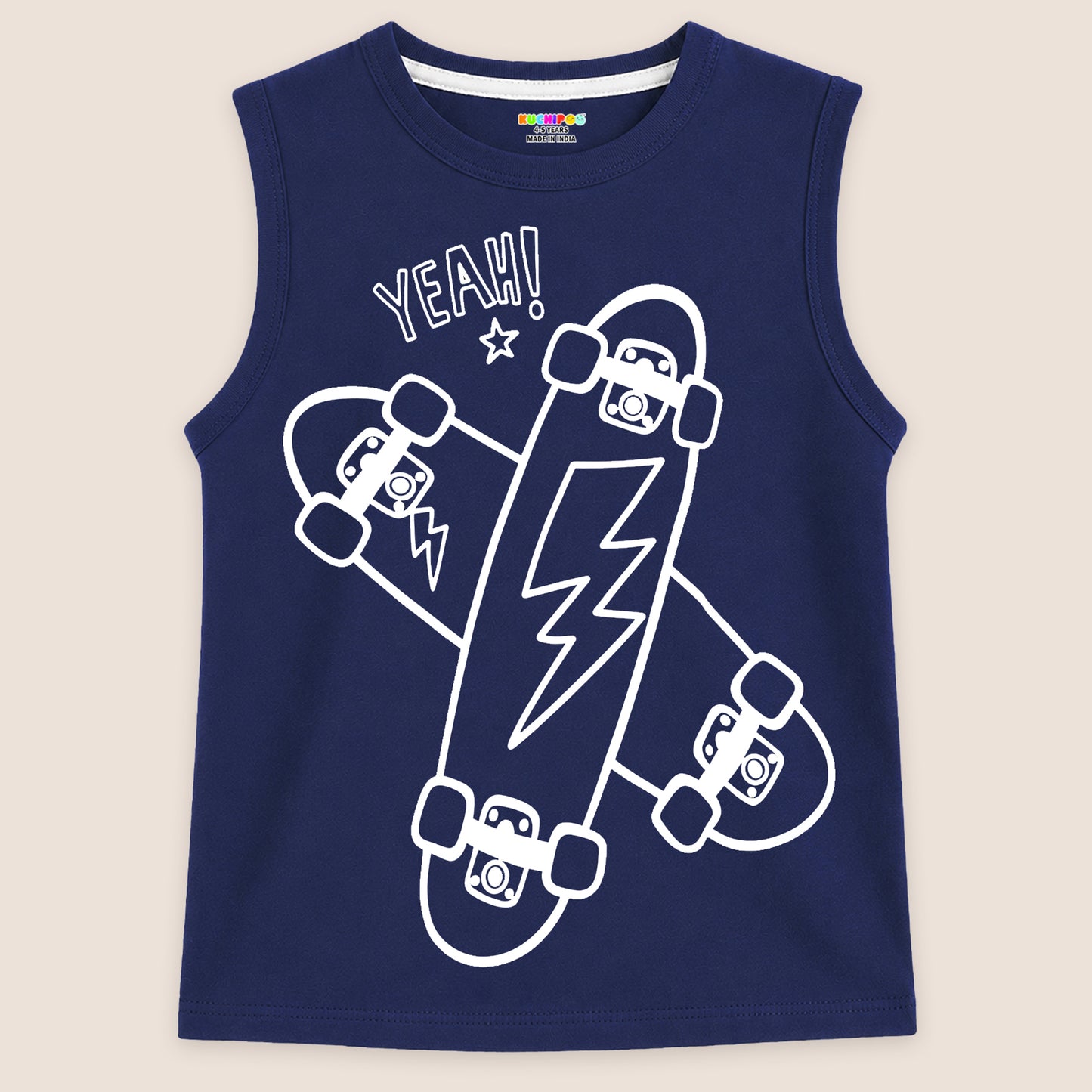 Kuchipoo Boys Sleeveless Cotton Tshirts | Printed Round Neck Kids Tshirts for Summer Wear | Pack of 4