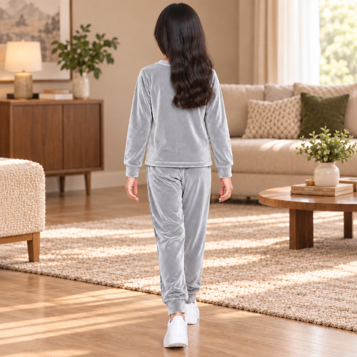Kuchipoo Girls Velvet Sweatshirt & Jogger Set | Soft Velour Round Neck Full Sleeve Top & Pajama | Warm Winterwear