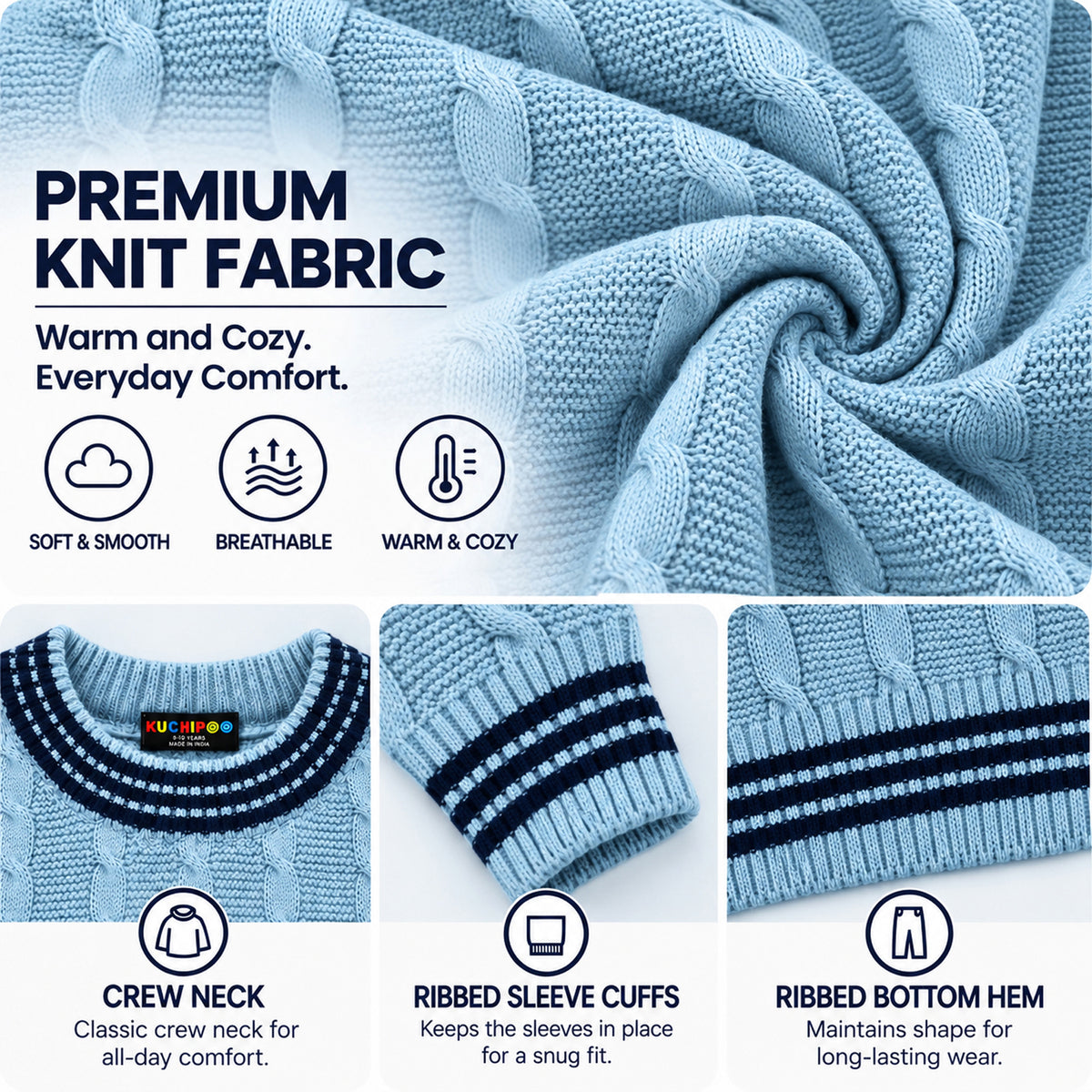 Kuchipoo Boys' Winter Wear Knitted Sweater | Full Sleeves Warm Pullover | Casual & Stylish Kids' Jumper