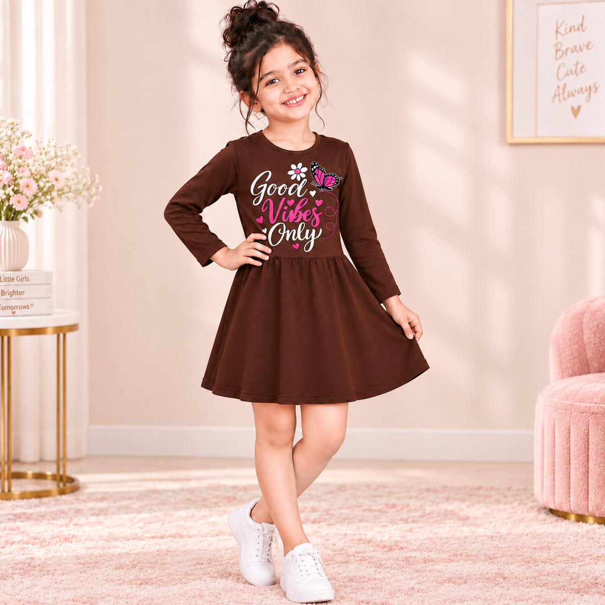 Kuchipoo Girls Cotton Printed Dresses Pack of 3 | Full Sleeve Round Neck Casual Frocks | Soft & Comfortable Everyday Wear for Kids