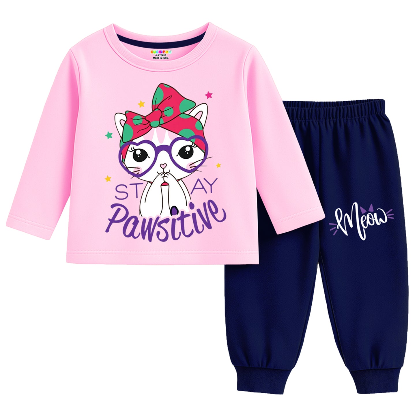 Kuchipoo Girls Regular Fit Cotton T-Shirts and Pyjamas Clothing Set-Pack of 3