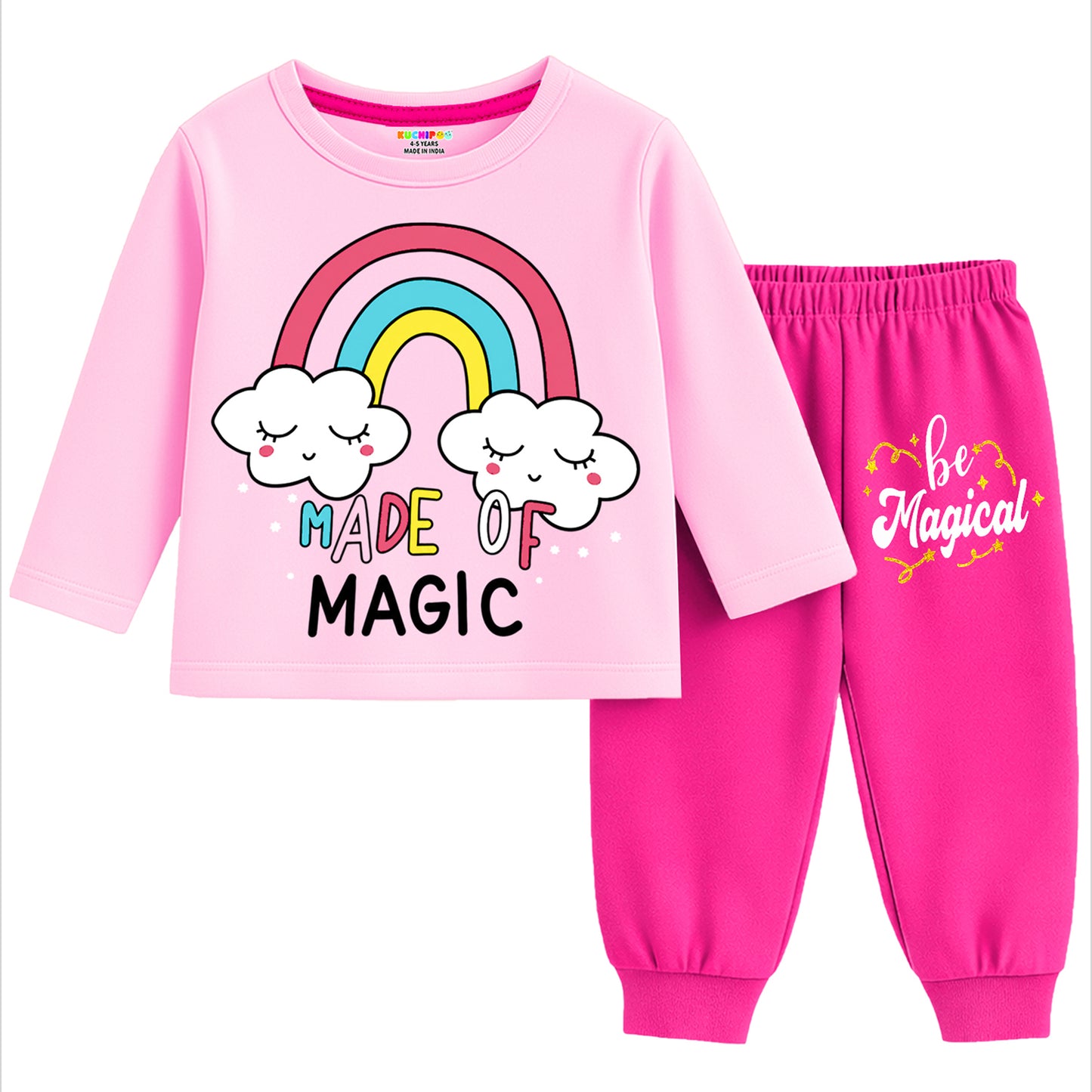 Kuchipoo Girls Regular Fit Cotton T-Shirts and Pyjamas Clothing Set-Pack of 3