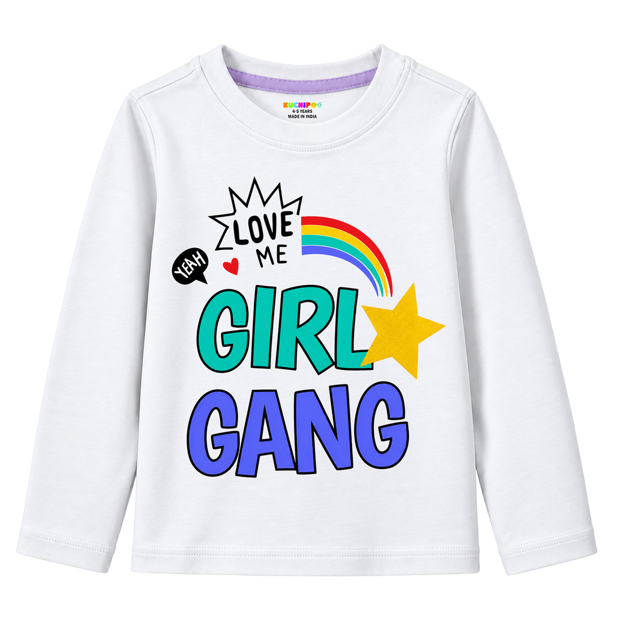 Kuchipoo Girls Cotton Printed T-Shirts | Full Sleeve Round Neck | Soft & Comfortable Casual Wear for Kids | Pack of 5