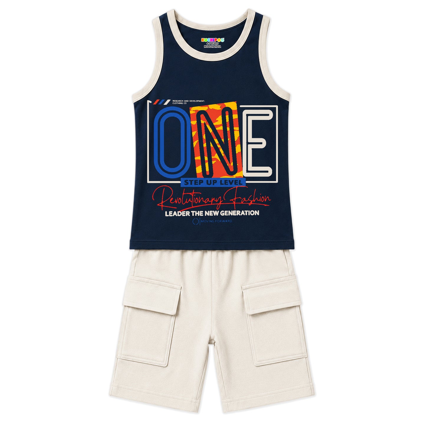 Kuchipoo Boys Cotton Sleeveless T-Shirt & Cargo Shorts Set | Trendy Graphic Print Summer Wear | Soft & Breathable Kids Clothing Combo with Cargo Pockets | Pack of 2