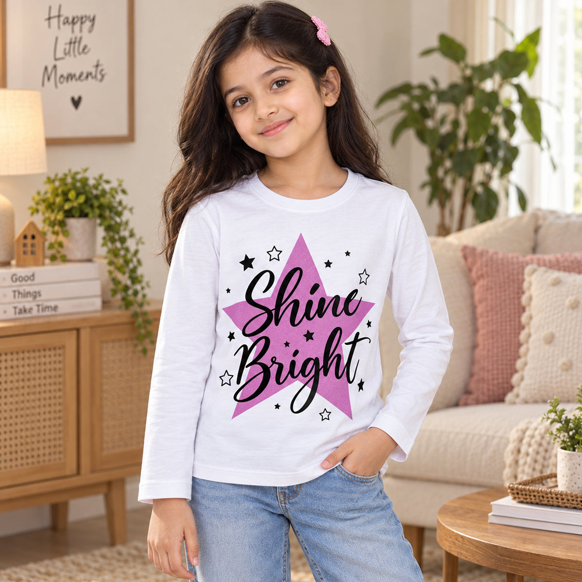 Kuchipoo Girls Cotton Printed T-Shirts | Full Sleeve Round Neck | Soft & Comfortable Casual Wear for Kids | Pack of 5