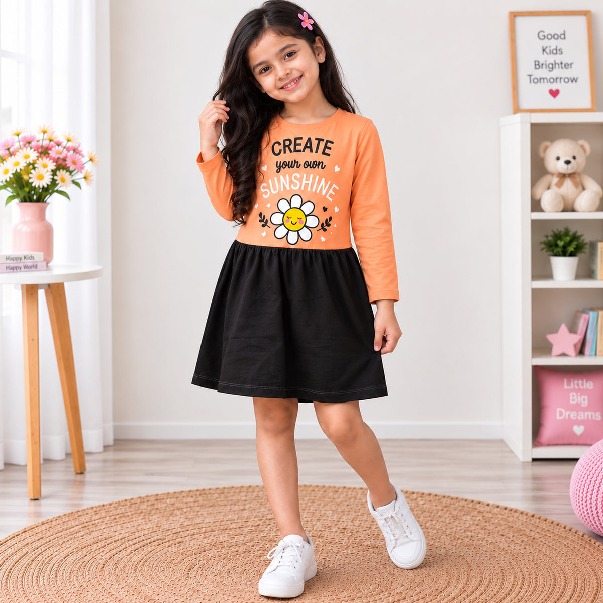 Kuchipoo Girls Cotton Printed Dresses Pack of 3 | Full Sleeve Round Neck Casual Frocks | Soft & Comfortable Everyday Wear for Kids