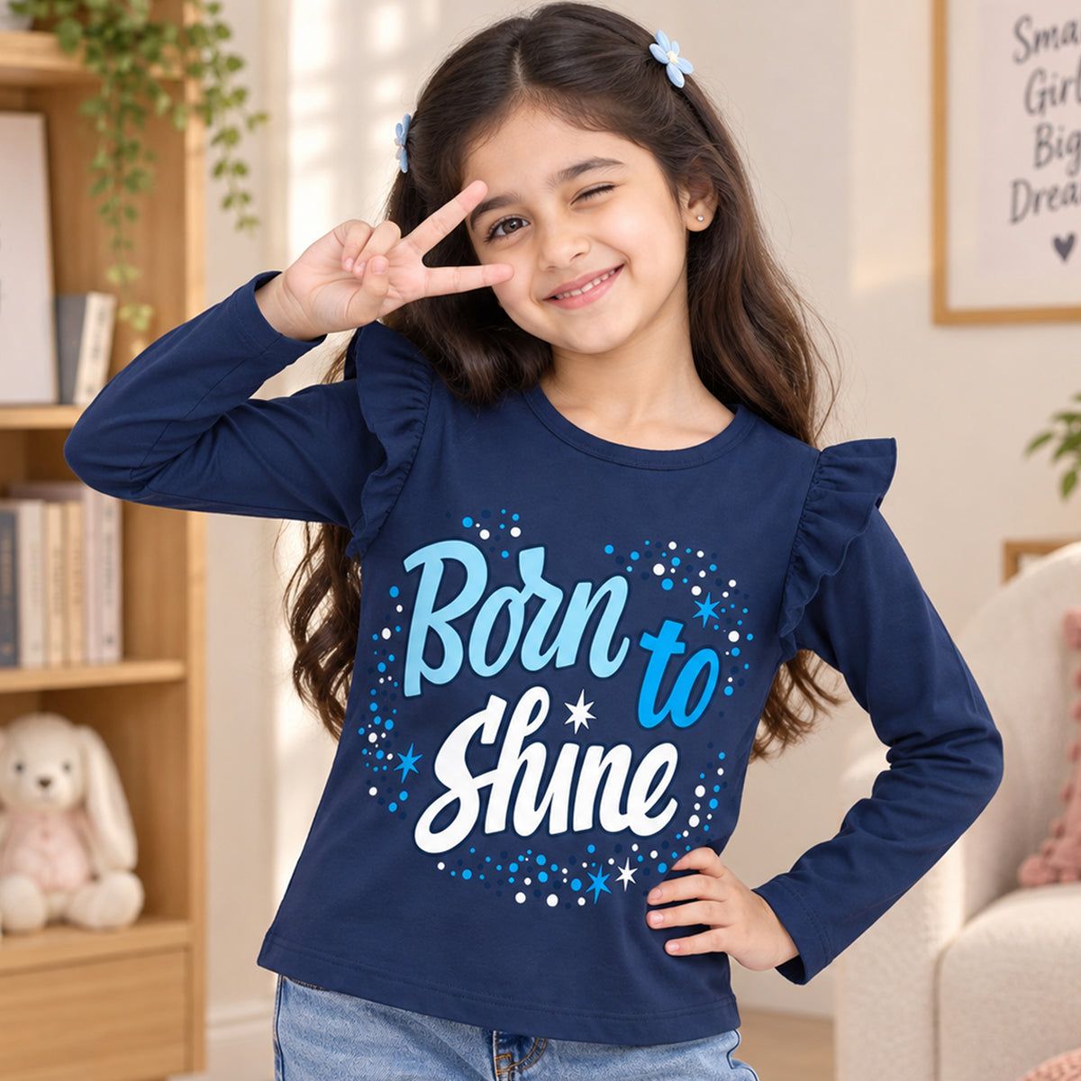 Kuchipoo Girls Cotton Printed T-Shirts | Full Sleeves with Frill Shoulders | Soft & Comfortable Casual Wear for Kids | Pack of 4