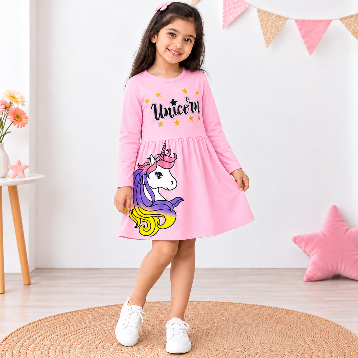 Kuchipoo Girls Cotton Printed Dresses Pack of 3 | Full Sleeve Round Neck Casual Frocks | Soft & Comfortable Everyday Wear for Kids