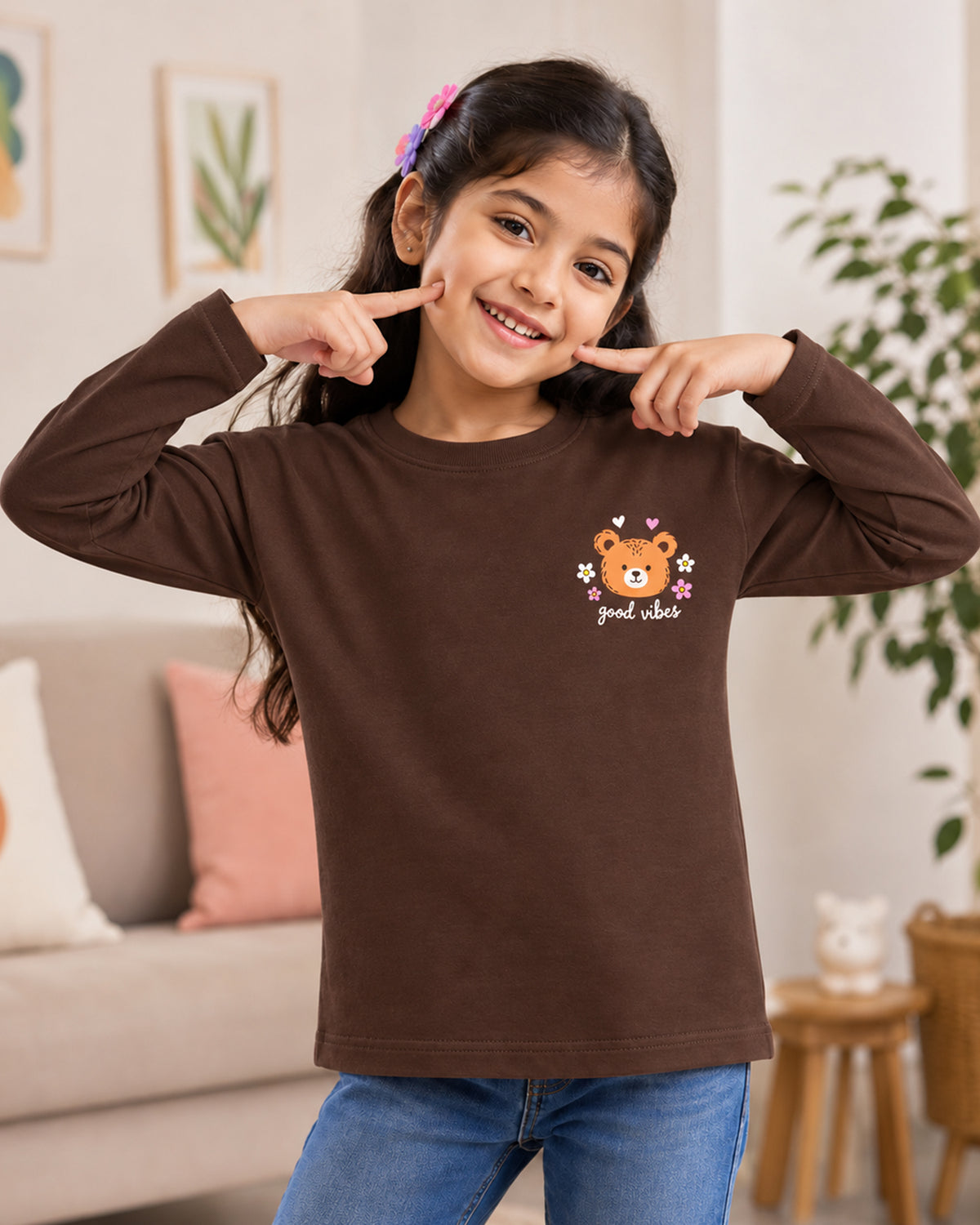 Kuchipoo Girls Cotton Printed T-Shirts | Full Sleeve Round Neck | Soft & Comfortable Casual Wear for Kids | Pack of 5