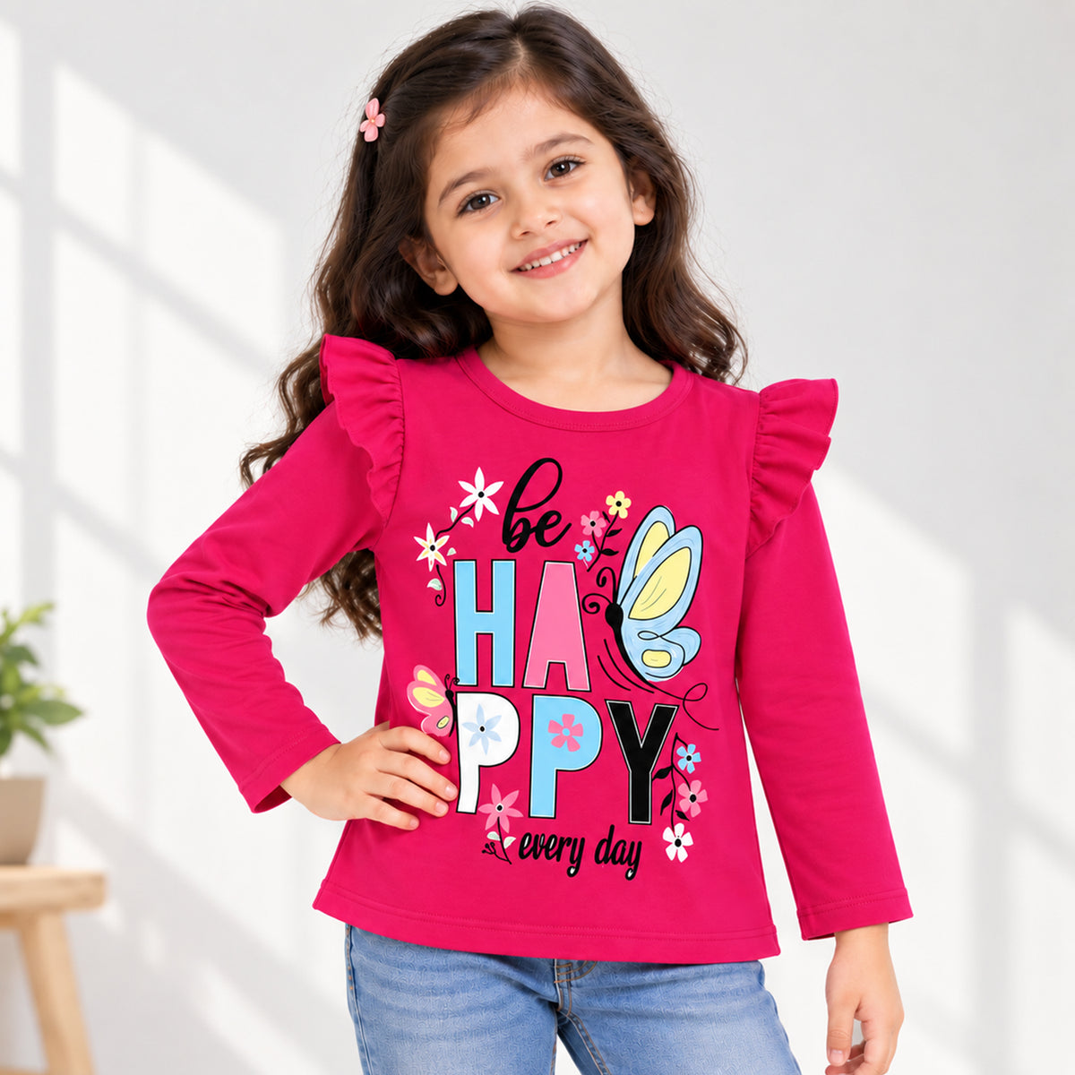Kuchipoo Girls Cotton Printed T-Shirts | Full Sleeves with Frill Shoulders | Soft & Comfortable Casual Wear for Kids | Pack of 4