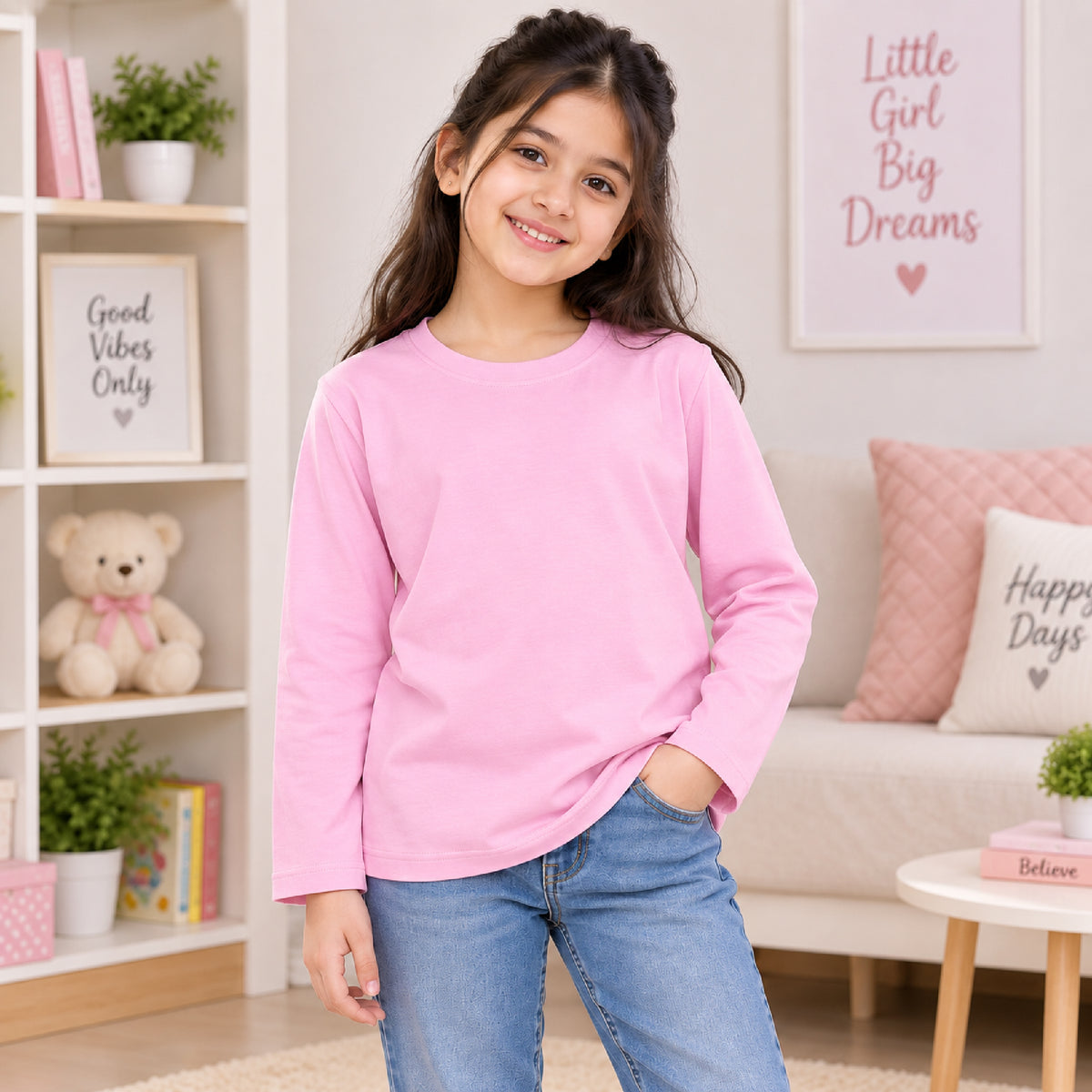 Kuchipoo Girls Cotton Solid T-Shirts | Full Sleeve Round Neck | Soft & Comfortable Casual Wear for Kids | Pack of 5