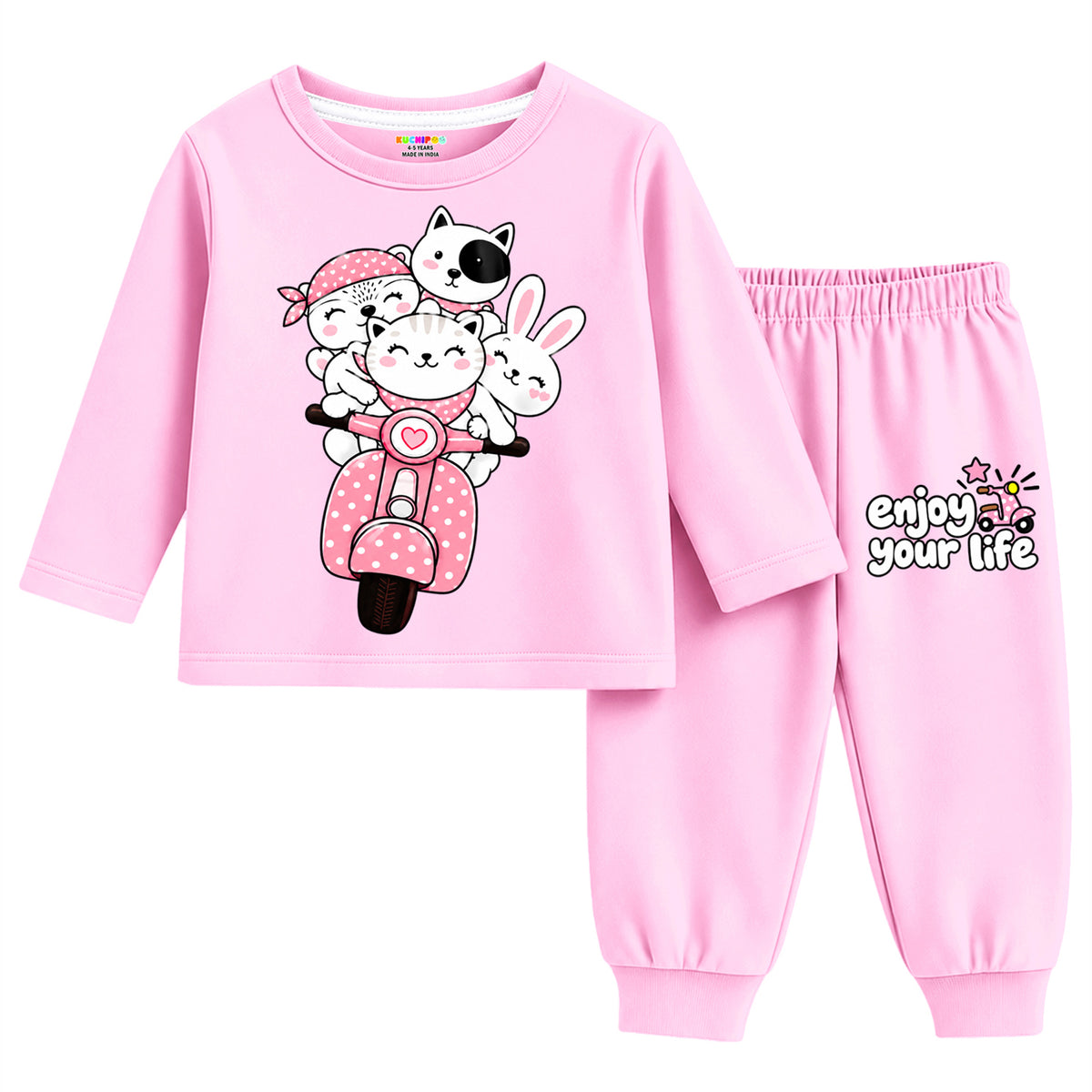 Kuchipoo Girls Regular Fit Cotton T-Shirts and Pyjamas Clothing Set-Pack of 3