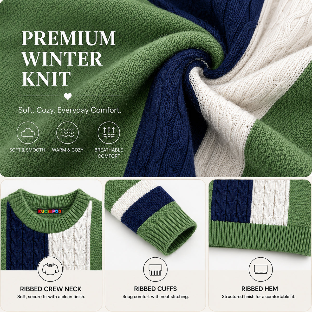Kuchipoo Boys' Winter Wear Knitted Sweater | Full Sleeves Warm Pullover | Casual & Stylish Kids' Jumper
