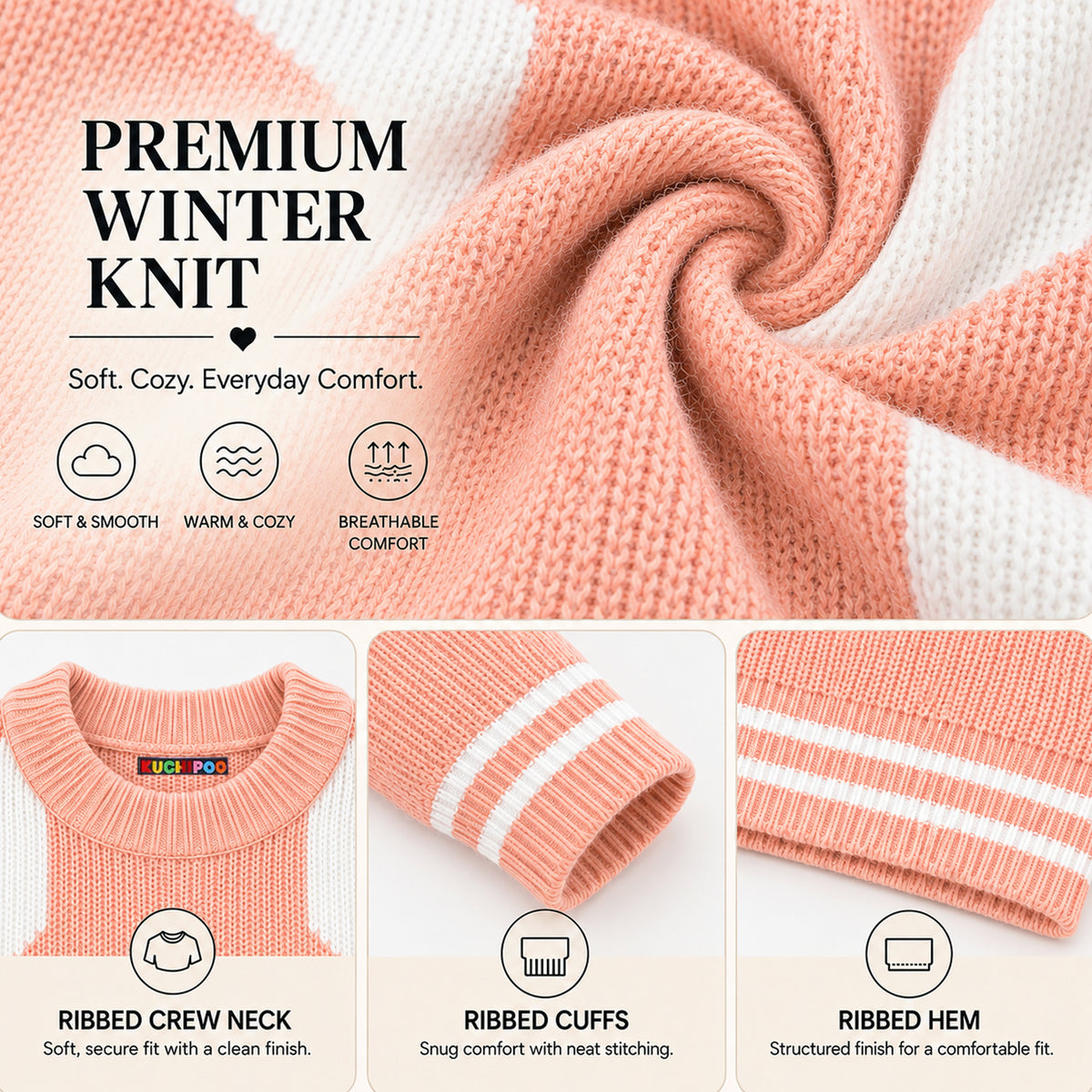 Kuchipoo Girls' Winter Wear Knitted Sweater | Full Sleeves Warm Pullover | Casual & Stylish Kids' Jumper
