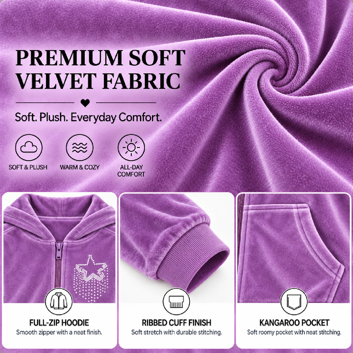 Kuchipoo Girls Velvet Zipper Hooded Sweatshirt & Jogger Set | Soft Velour Zip-Up Hoodie with Kangaroo Pockets & Pajama | Warm Full Sleeve Winterwear