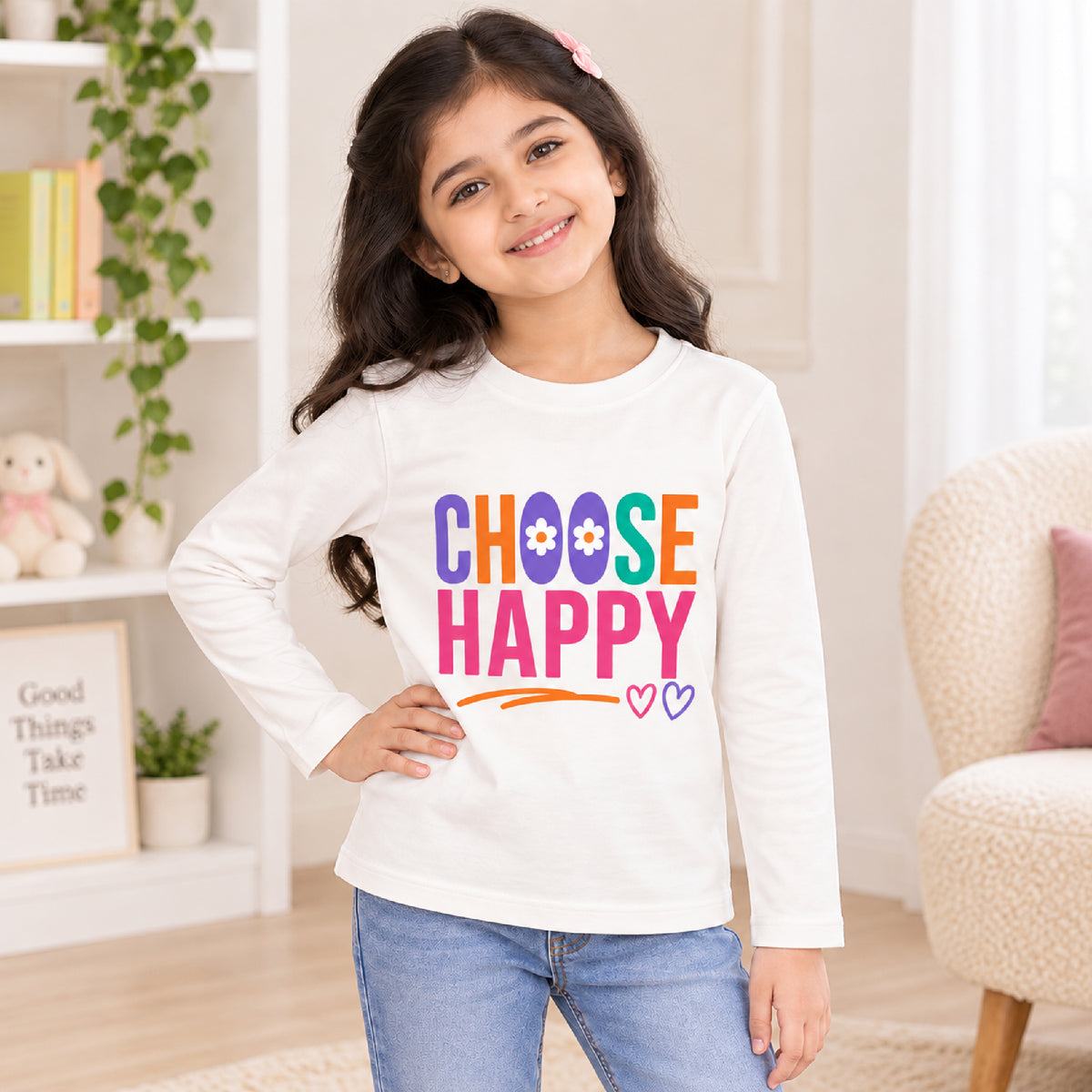 Kuchipoo Girls Cotton Printed T-Shirts | Full Sleeve Round Neck | Soft & Comfortable Casual Wear for Kids | Pack of 5