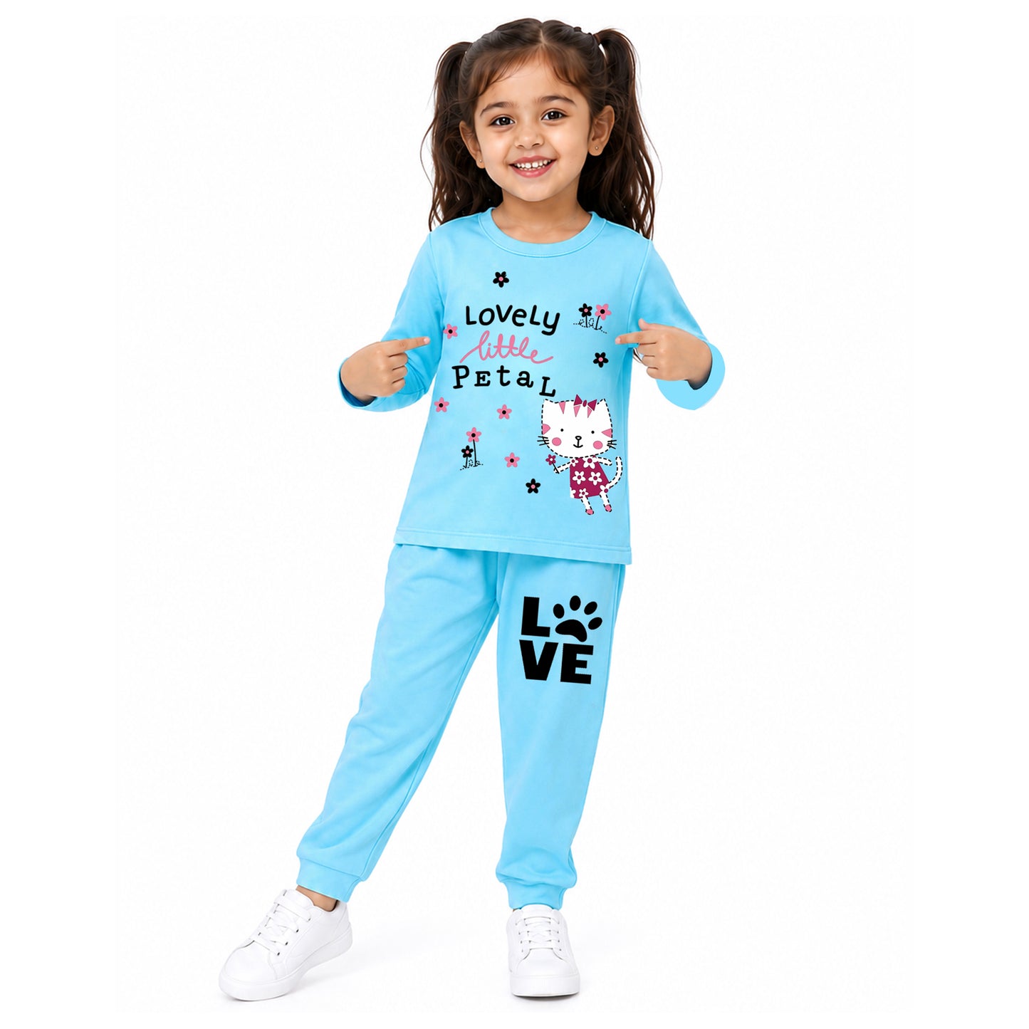 Kuchipoo Girls Cotton T-shirts & Pajamas Set | Full Sleeve Printed Top & Pajama | Soft & Breathable Sleepwear | Comfortable Elastic Waist | Pack of 3