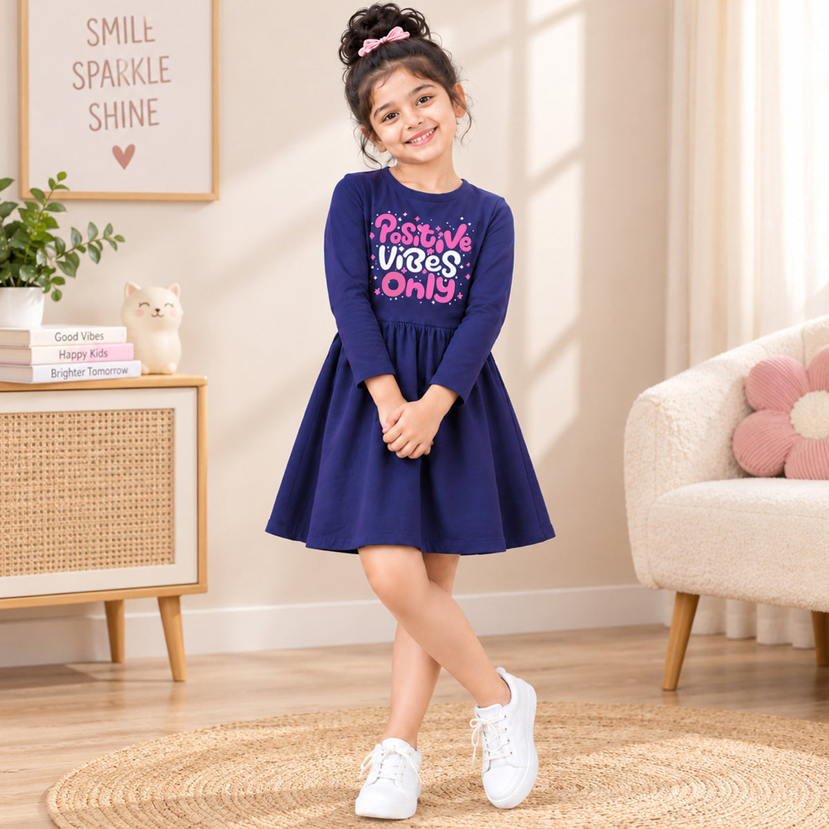 Kuchipoo Girls Cotton Printed Dresses Pack of 3 | Full Sleeve Round Neck Casual Frocks | Soft & Comfortable Everyday Wear for Kids (Copy) (Copy)