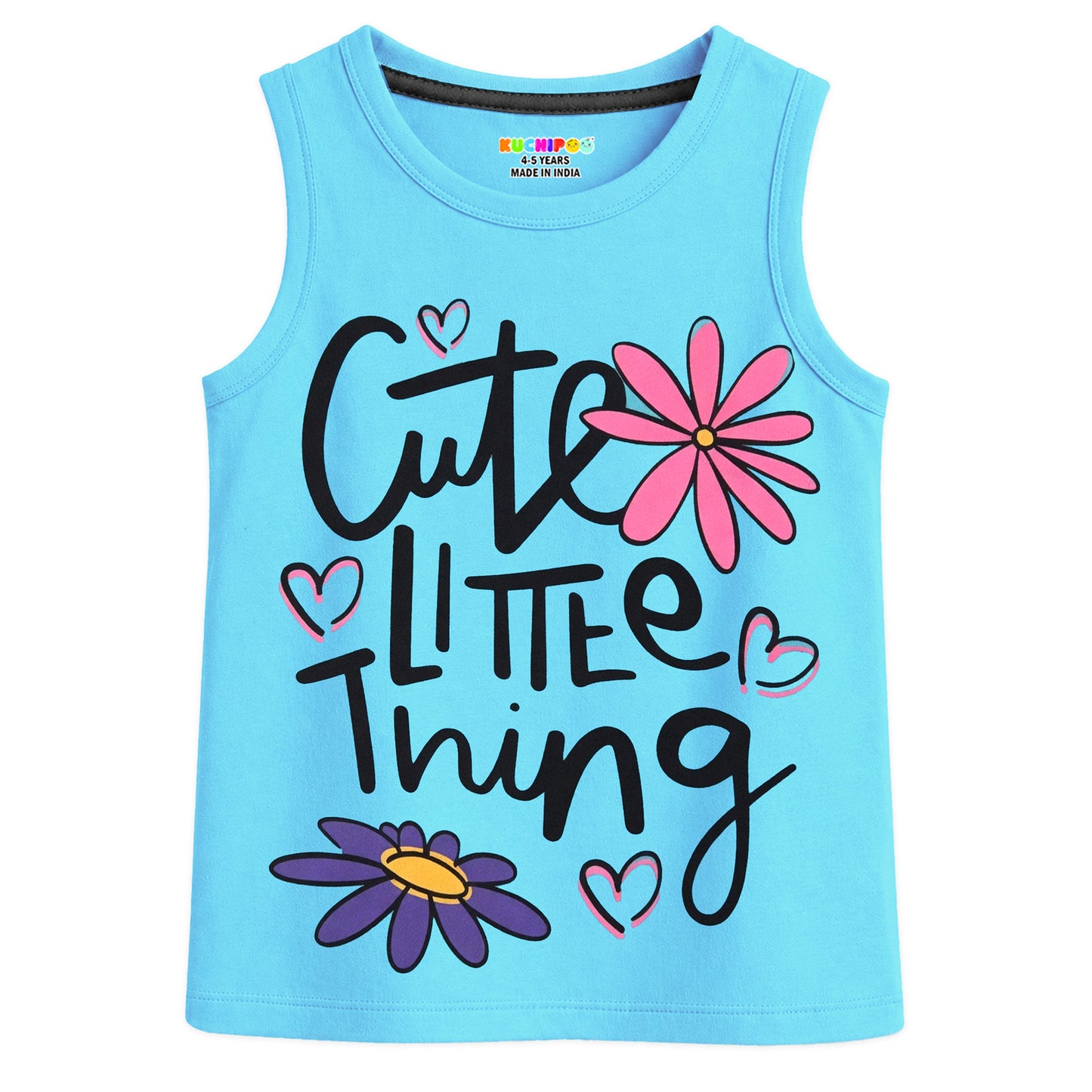 Kuchipoo Girls Sleeveless Cotton Tshirts | Printed Round Neck Kids Tshirts for Summer Wear | Pack of 4