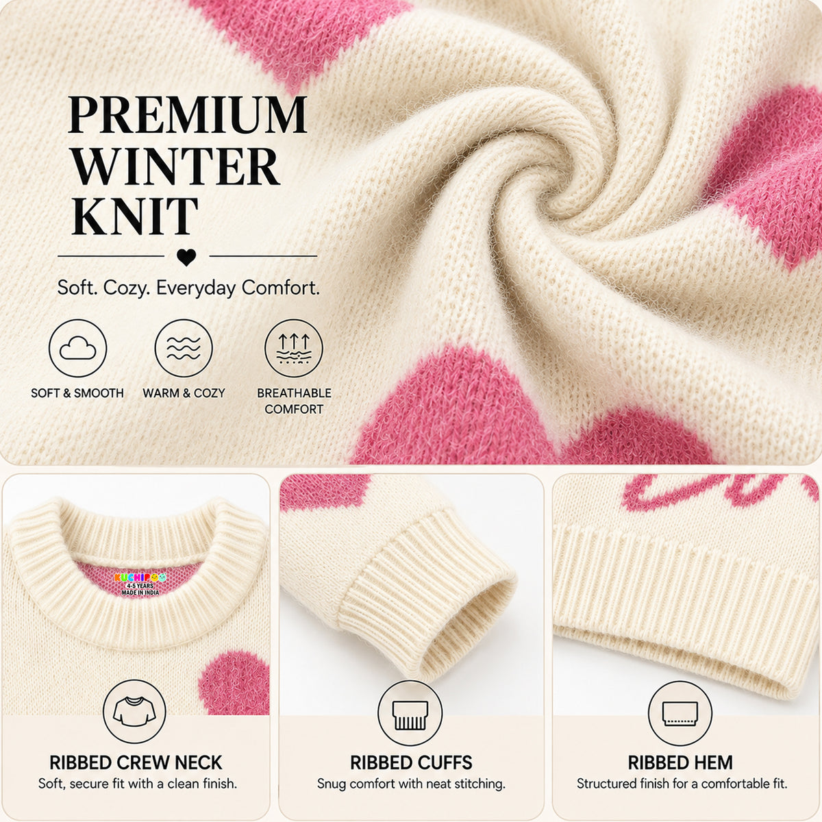 Kuchipoo Girls' Winter Wear Knitted Sweater | Full Sleeves Warm Pullover | Casual & Stylish Kids' Jumper