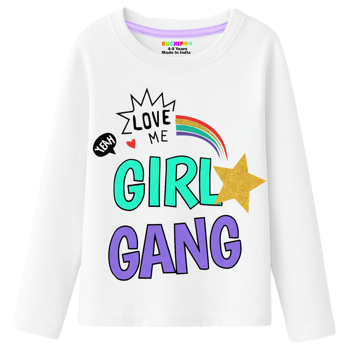 Kuchipoo Girls Cotton Printed T-Shirts | Full Sleeve Round Neck | Soft & Comfortable Casual Wear for Kids | Pack of 5