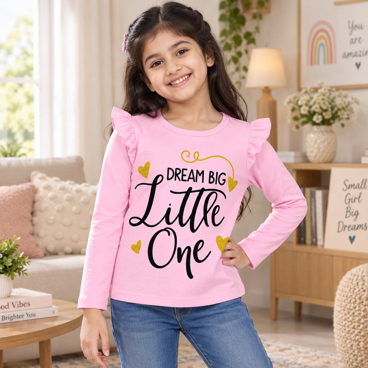 Kuchipoo Girls Cotton Printed T-Shirts | Full Sleeves with Frill Shoulders | Soft & Comfortable Casual Wear for Kids | Pack of 4