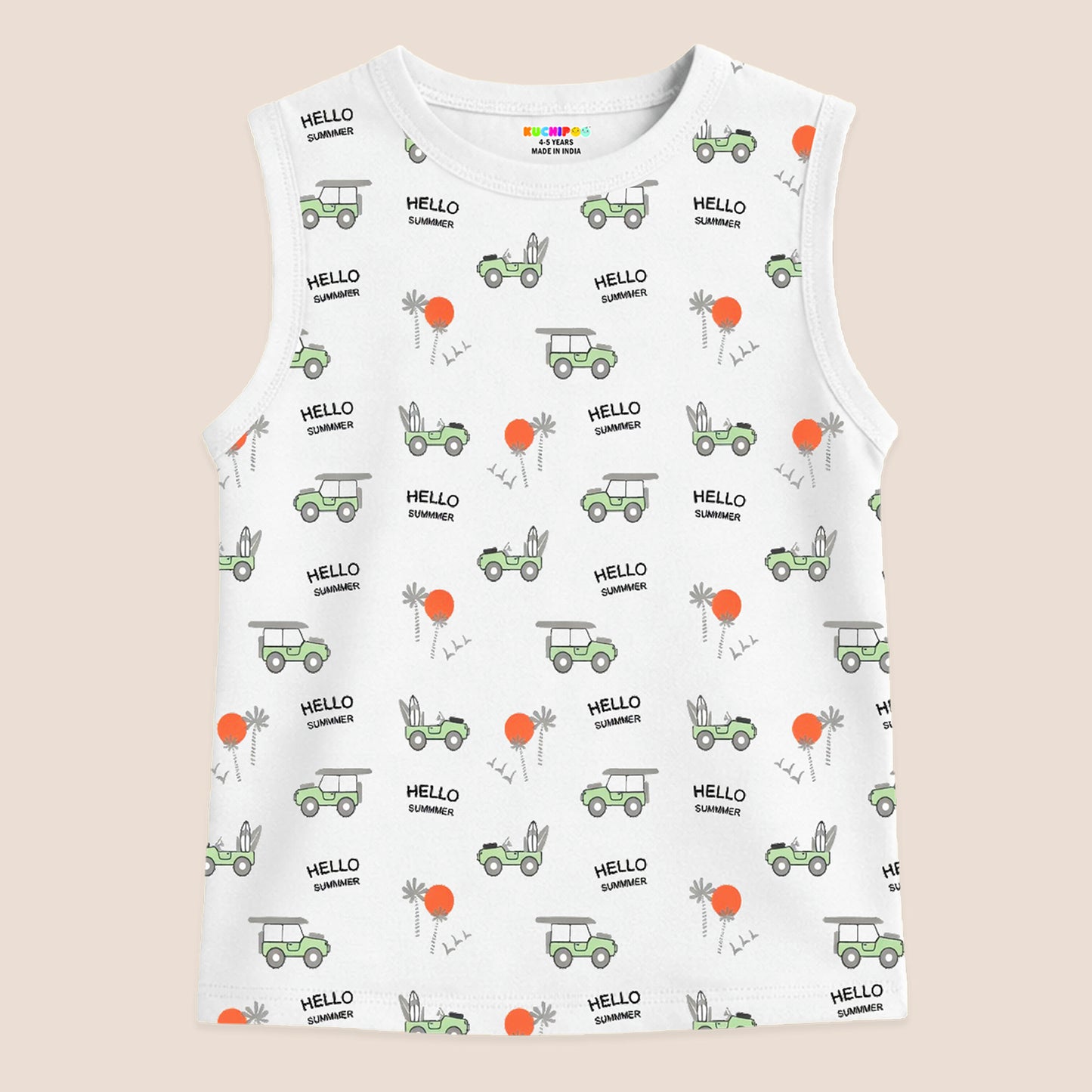 Kuchipoo Boys Sleeveless 100% Cotton T-Shirt | Cute Graphic Print | Soft & Breathable Fabric | Round Neck Summer Top | Casual for Baby Boys and Baby Girls | Pack of 5