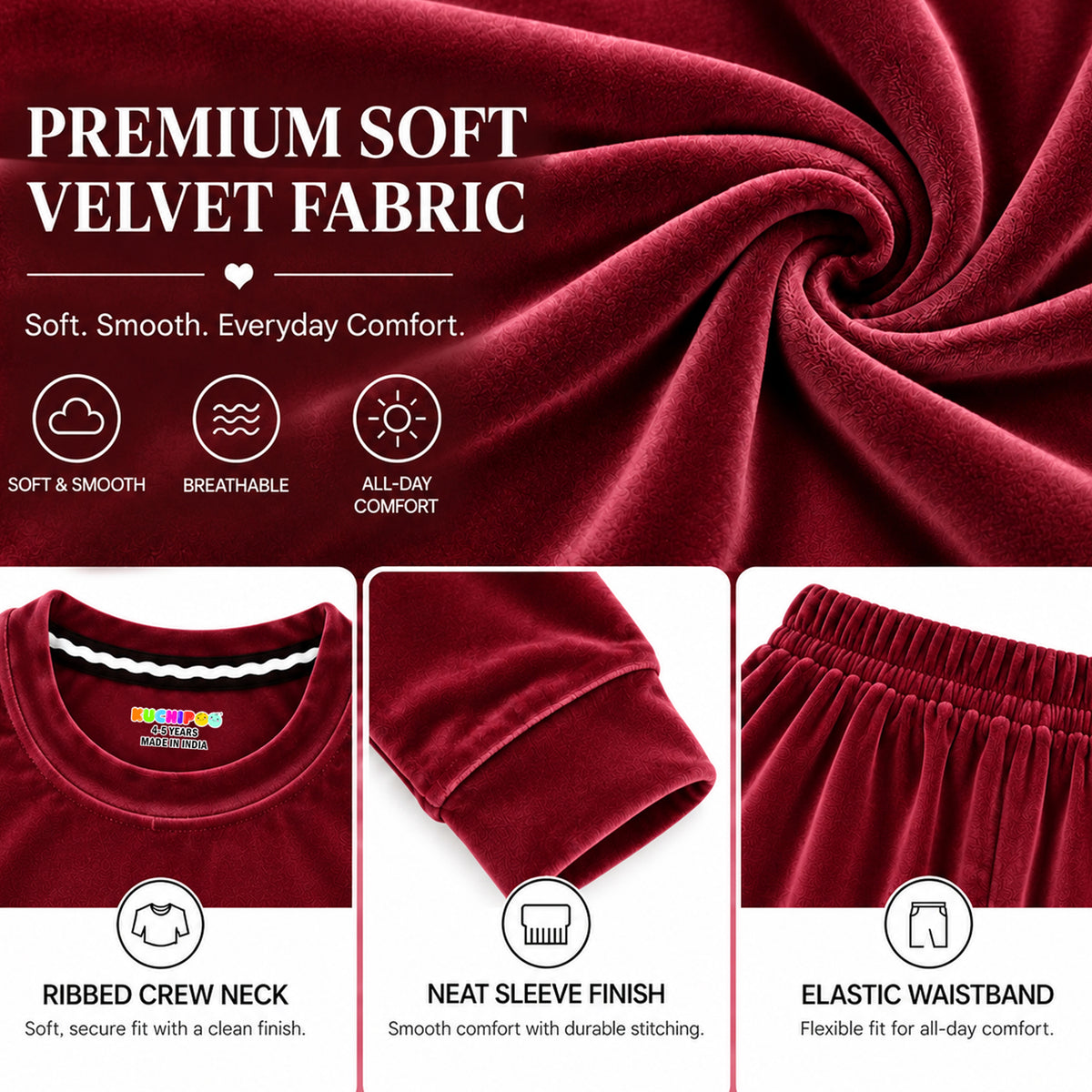 Kuchipoo Girls Velvet Top & Pajama Set | Soft Velour Round Neck Full Sleeve Top & Pajama | Warm Winterwear