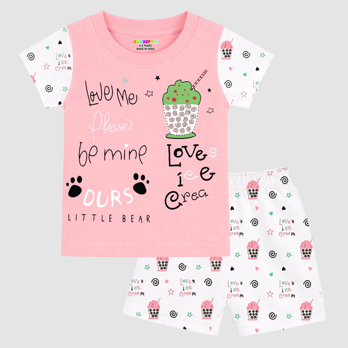 Kuchipoo Girls 100% Cotton T-Shirt & Shorts Set | Printed Summer Wear Set | Soft & Comfortable Kids Clothing | Pack of 4