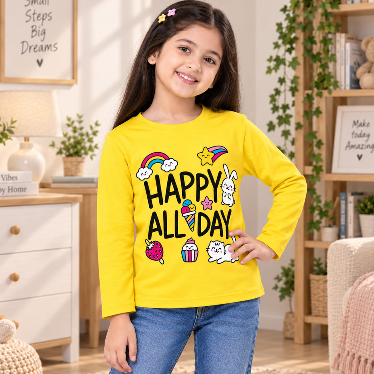Kuchipoo Girls Cotton Printed T-Shirts | Full Sleeve Round Neck | Soft & Comfortable Casual Wear for Kids | Pack of 5