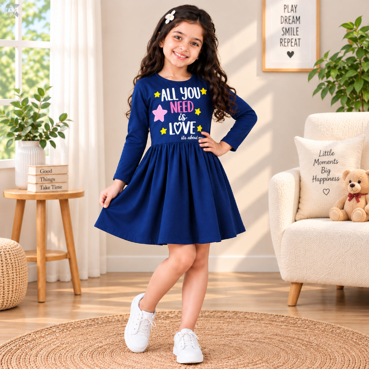 Kuchipoo Girls Cotton Printed Dresses Pack of 3 | Full Sleeve Round Neck Casual Frocks | Soft & Comfortable Everyday Wear for Kids (Copy)
