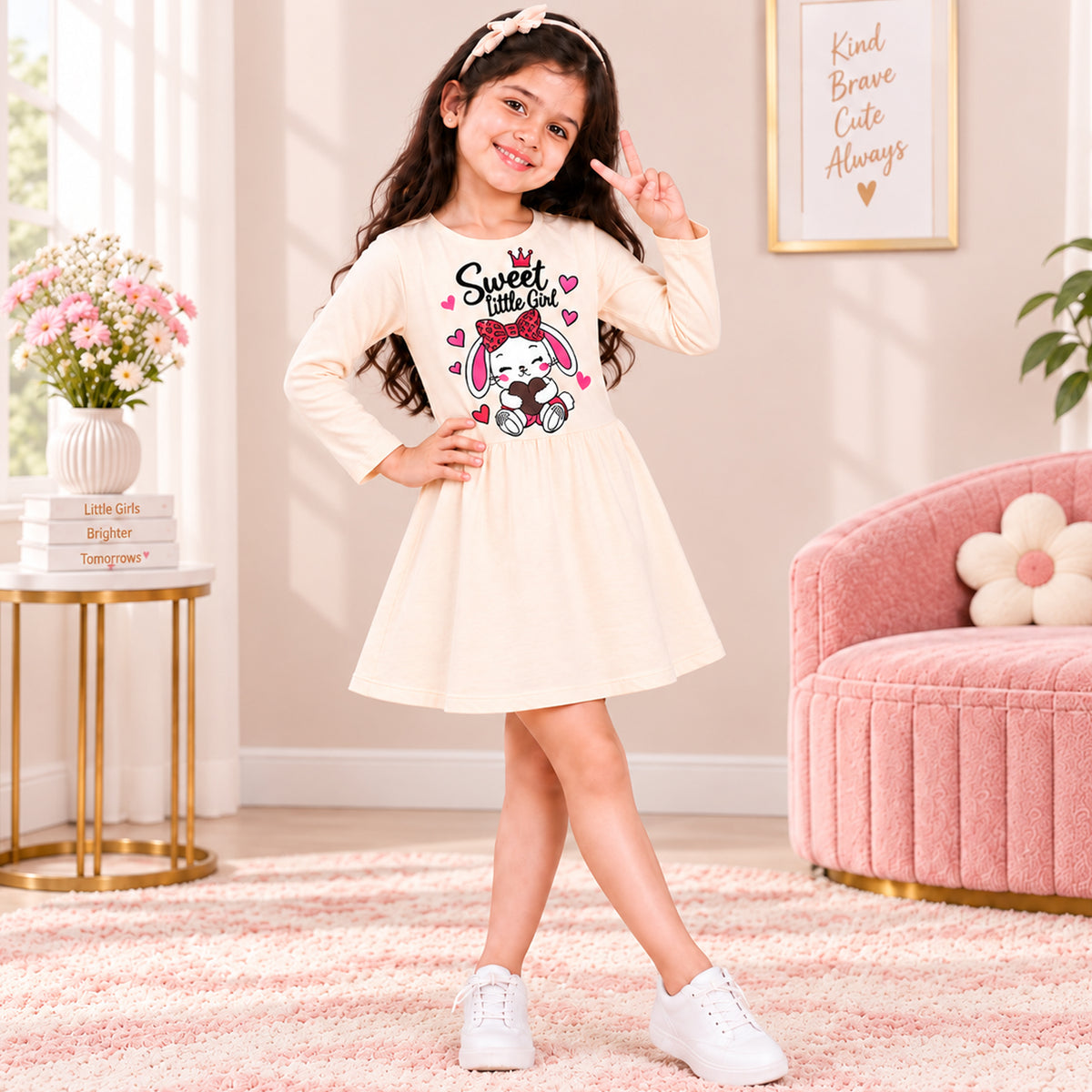 Kuchipoo Girls Cotton Printed Dresses Pack of 3 | Full Sleeve Round Neck Casual Frocks | Soft & Comfortable Everyday Wear for Kids