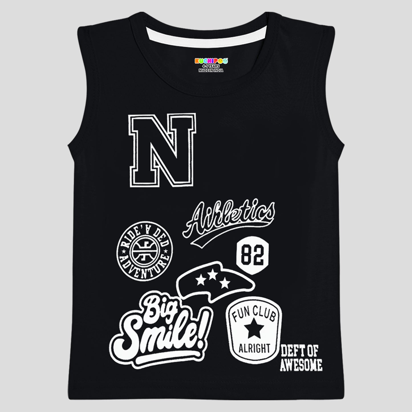 Kuchipoo Boys Sleeveless Cotton Tshirts | Printed Round Neck Kids Tshirts for Summer Wear | Pack of 4