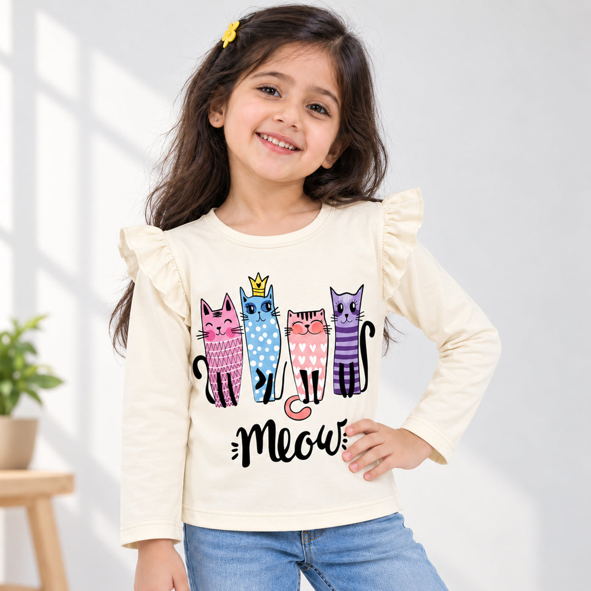 Kuchipoo Girls Cotton Printed T-Shirts | Full Sleeves with Frill Shoulders | Soft & Comfortable Casual Wear for Kids | Pack of 4