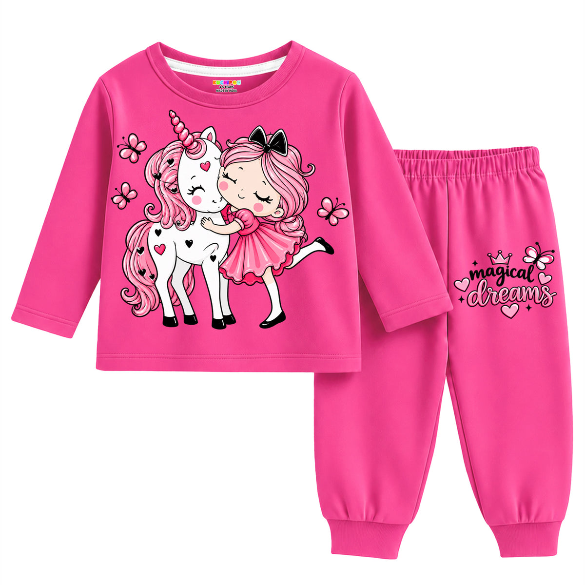 Kuchipoo Girls Regular Fit Cotton T-Shirts and Pyjamas Clothing Set-Pack of 3