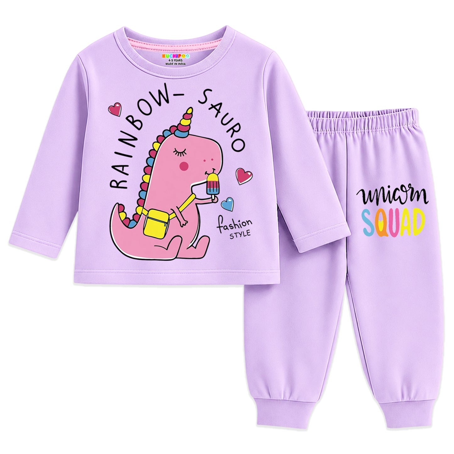 Kuchipoo Girls Cotton T-shirts & Pajamas Set | Full Sleeve Printed Top & Pajama | Soft & Breathable Sleepwear | Comfortable Elastic Waist | Pack of 3