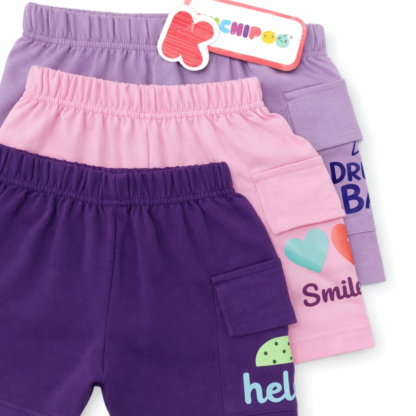 Kuchipoo Girls Cotton Cargo Shorts | Elastic Waistband | Double Pocket Shorts | Summer Casual Wear for Kids | Pack of 3